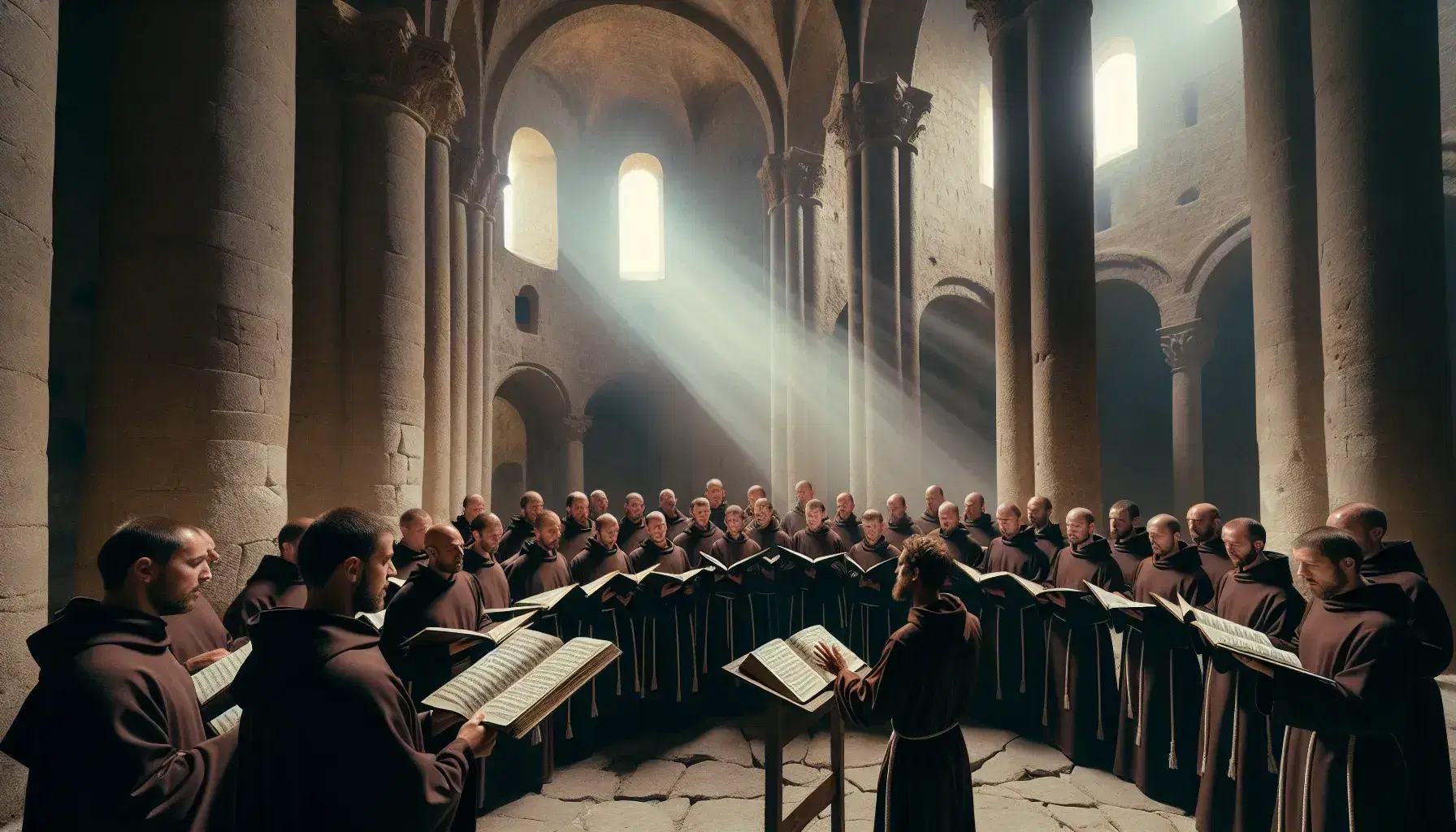 Coro di monaci in abiti tradizionali canta in chiesa romanica con colonne in pietra, luce filtra da finestre arcuate.