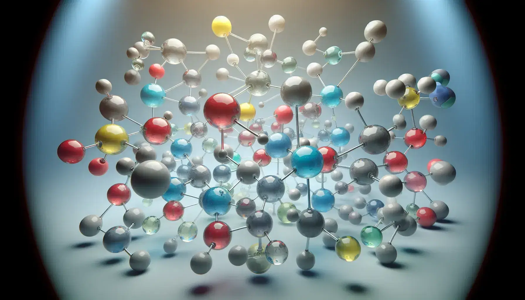 Sfere colorate interconnesse simulano strutture molecolari tridimensionali su sfondo neutro, evidenziando la geometria molecolare.