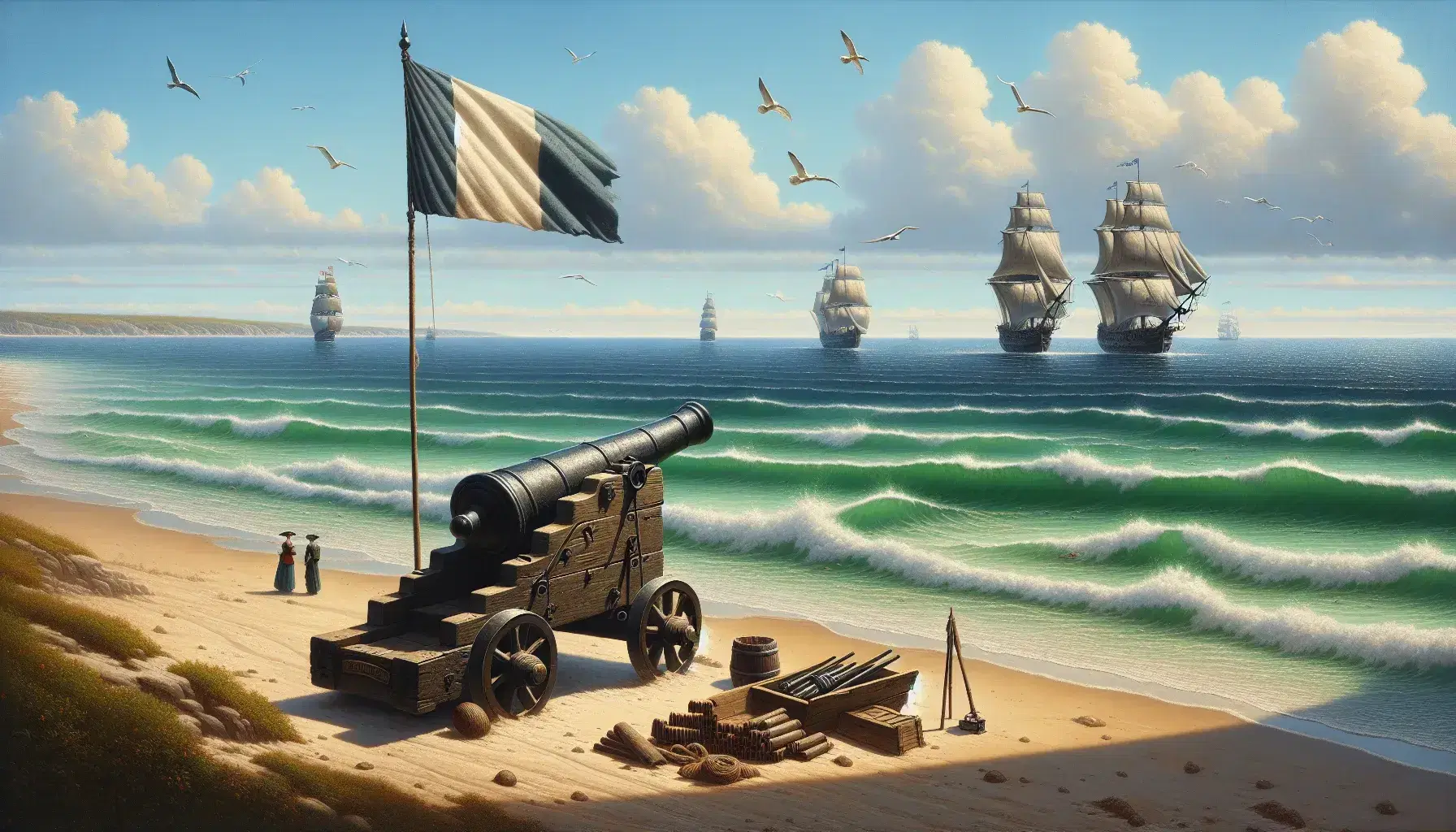 Escena costera con cañón antiguo sobre base de madera y ruedas apuntando al mar, bandera ondeante y veleros al horizonte bajo cielo azul con aves volando en formación.