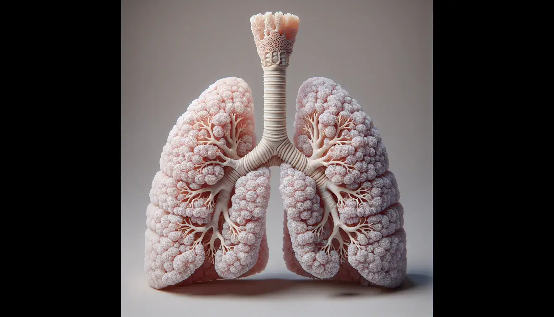 Modelo anatómico detallado del sistema respiratorio humano con pulmones, tráquea y bronquios sobre fondo neutro.