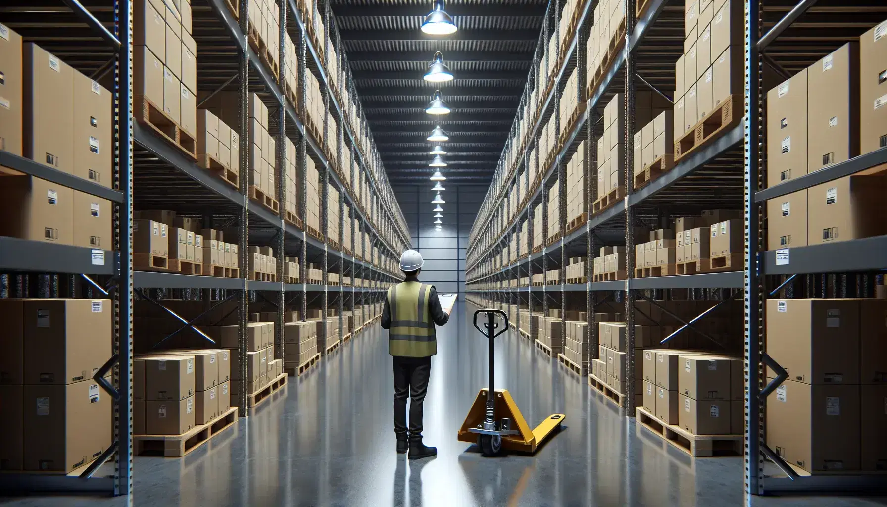 Warehouse worker in safety vest and helmet checks inventory on clipboard amid rows of shelving with neatly stacked boxes, under soft industrial lighting.