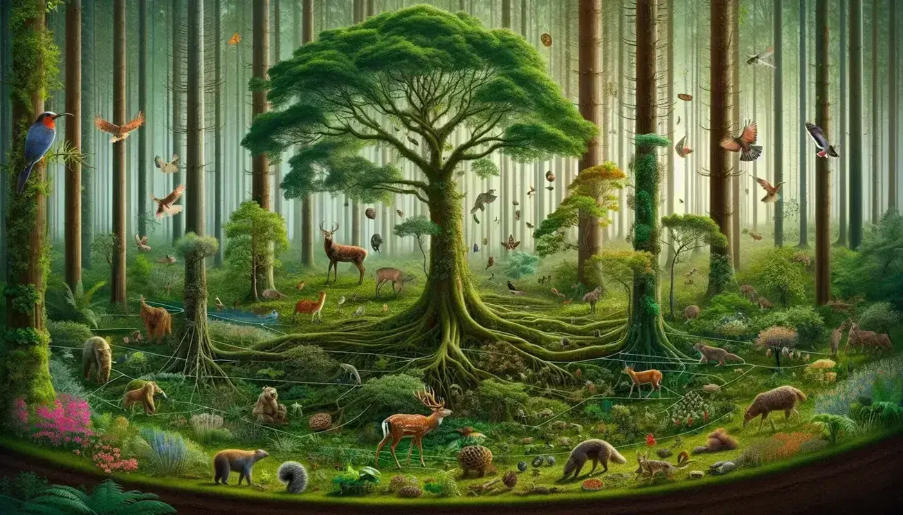 Lush forest ecosystem with a detailed tree in the foreground, diverse plants, grazing deer, perched squirrel, and a flying bird, illustrating nature's layers.