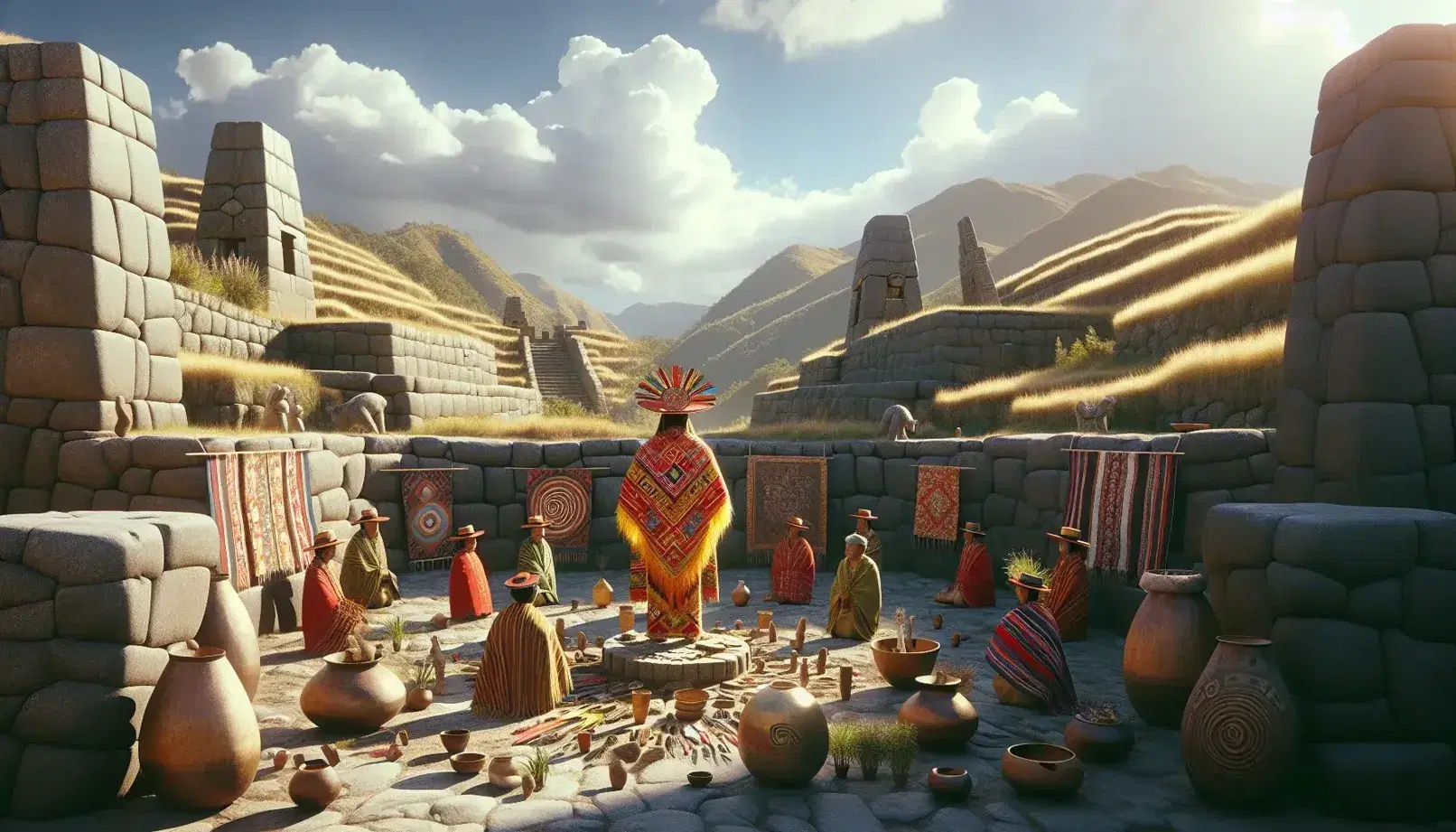 Reconstrucción de ritual inca con figura central en atuendo tradicional frente a altar de piedra, rodeada de participantes vestidos en tonos tierra, en un escenario que evoca las ruinas de Machu Picchu.