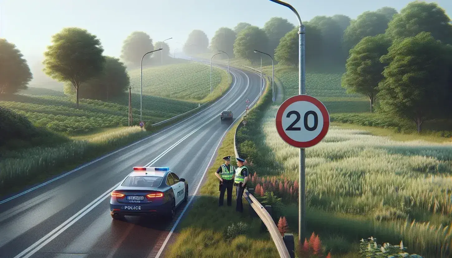 Strada campestre con segnale stradale vuoto, pattuglia di polizia e agenti in conversazione sotto cielo azzurro.