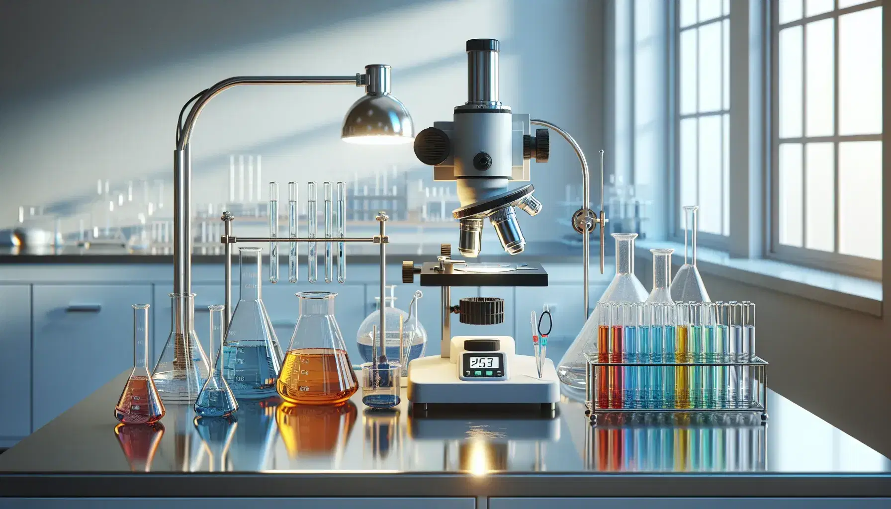 Laboratorio scientifico con tavolo da lavoro, microscopio, provette colorate, agitatore magnetico, becher e pH metro.