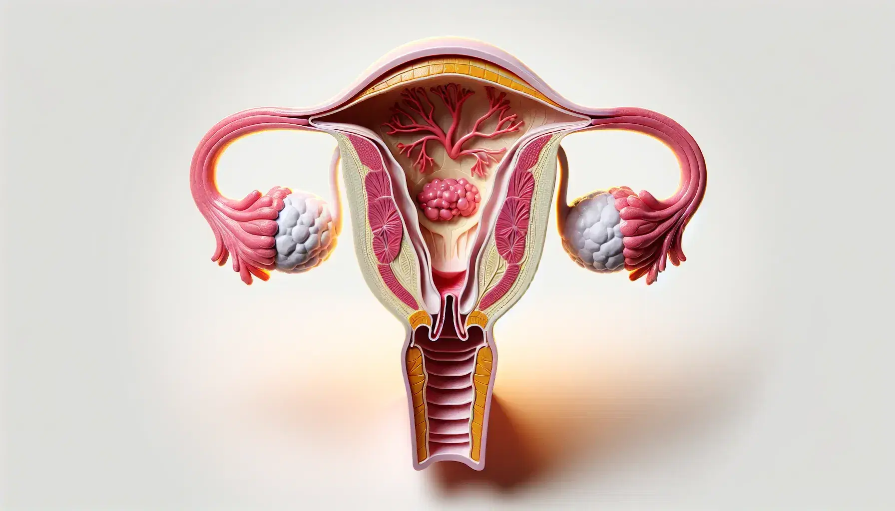 Modello anatomico tridimensionale del sistema riproduttivo femminile con utero, tube di Falloppio, ovaie e vagina su sfondo neutro.