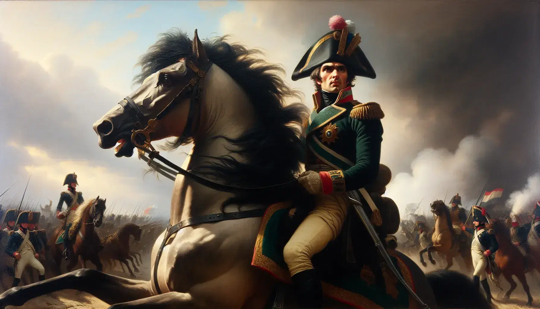 Ufficiale militare del XVIII secolo a cavallo in battaglia, con uniforme verde scuro, tricorno nero e coccarda tricolore, su sfondo di fumo e soldati.