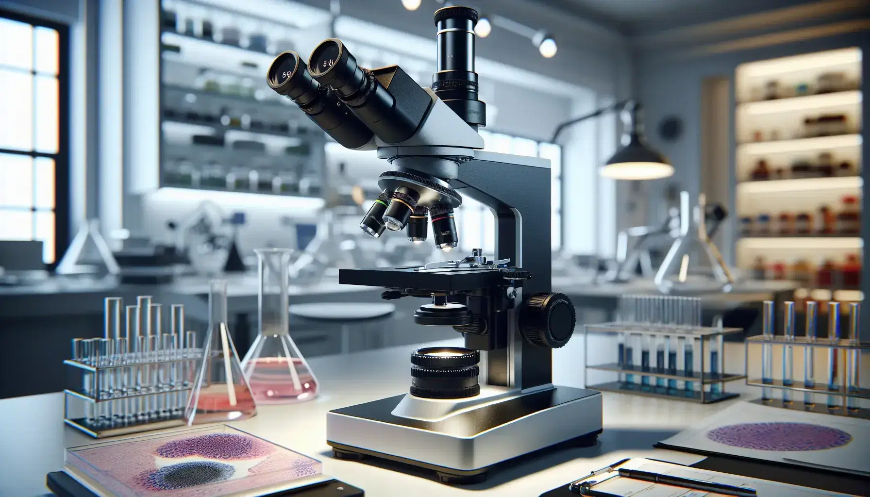 Microscopio ottico moderno su tavolo da laboratorio con lenti intercambiabili e vetrino contenente tessuto biologico colorato.