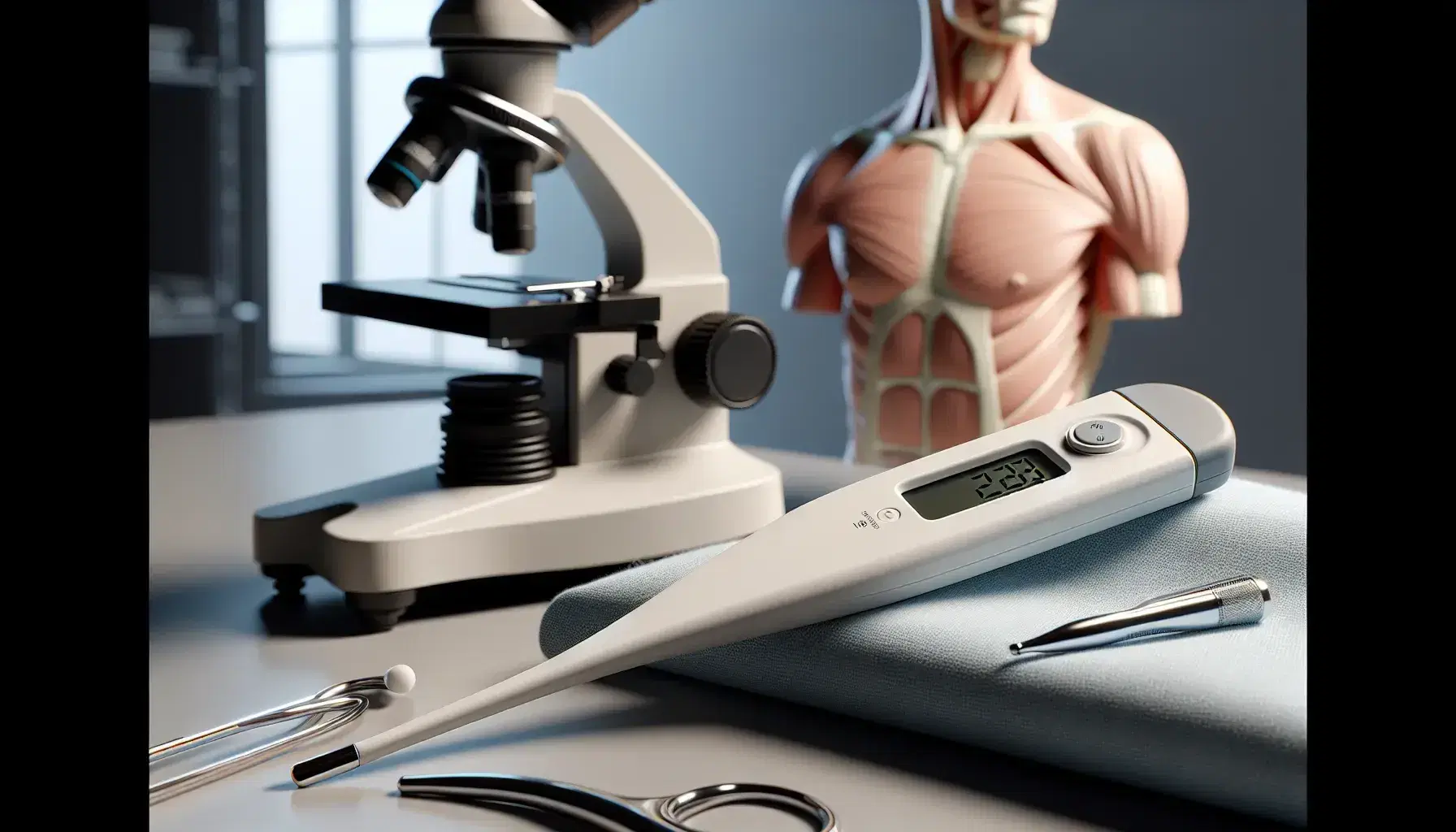 Termometro clinico digitale su tavolo con manichino anatomico sfocato e microscopio in laboratorio di ricerca medica.