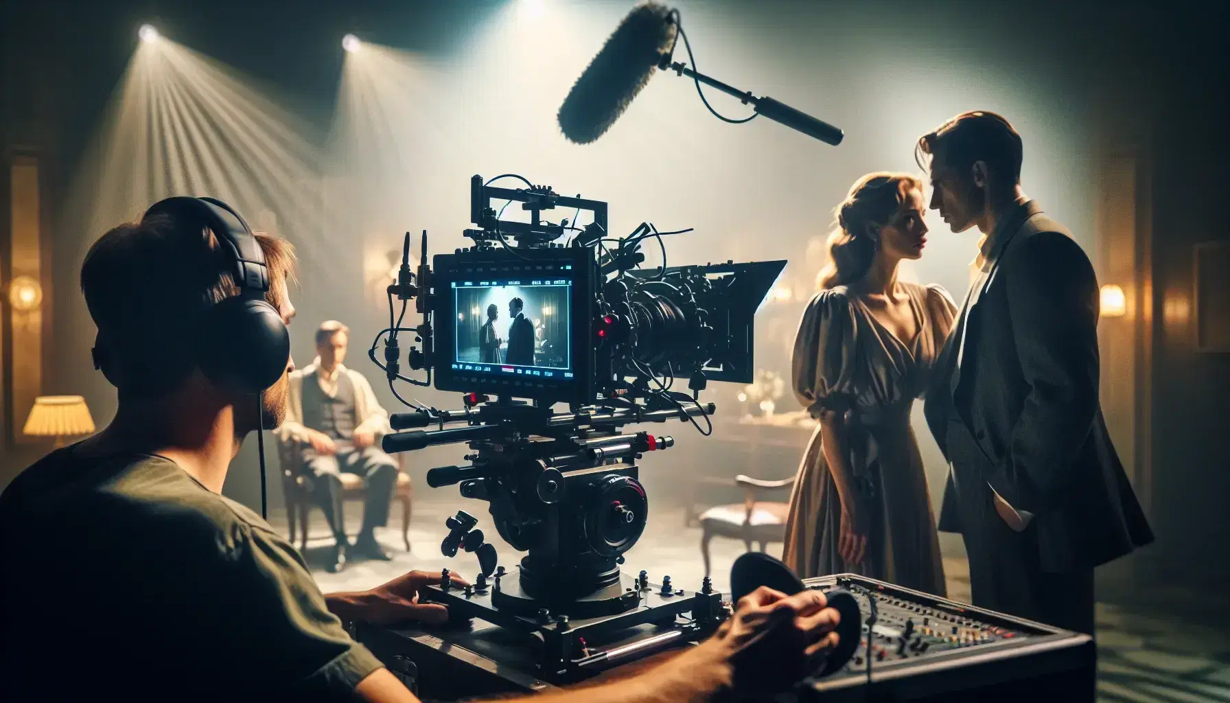 Cámara de cine profesional en trípode enfocando a actor y actriz en escena emotiva, con técnico de sonido capturando audio en set iluminado.