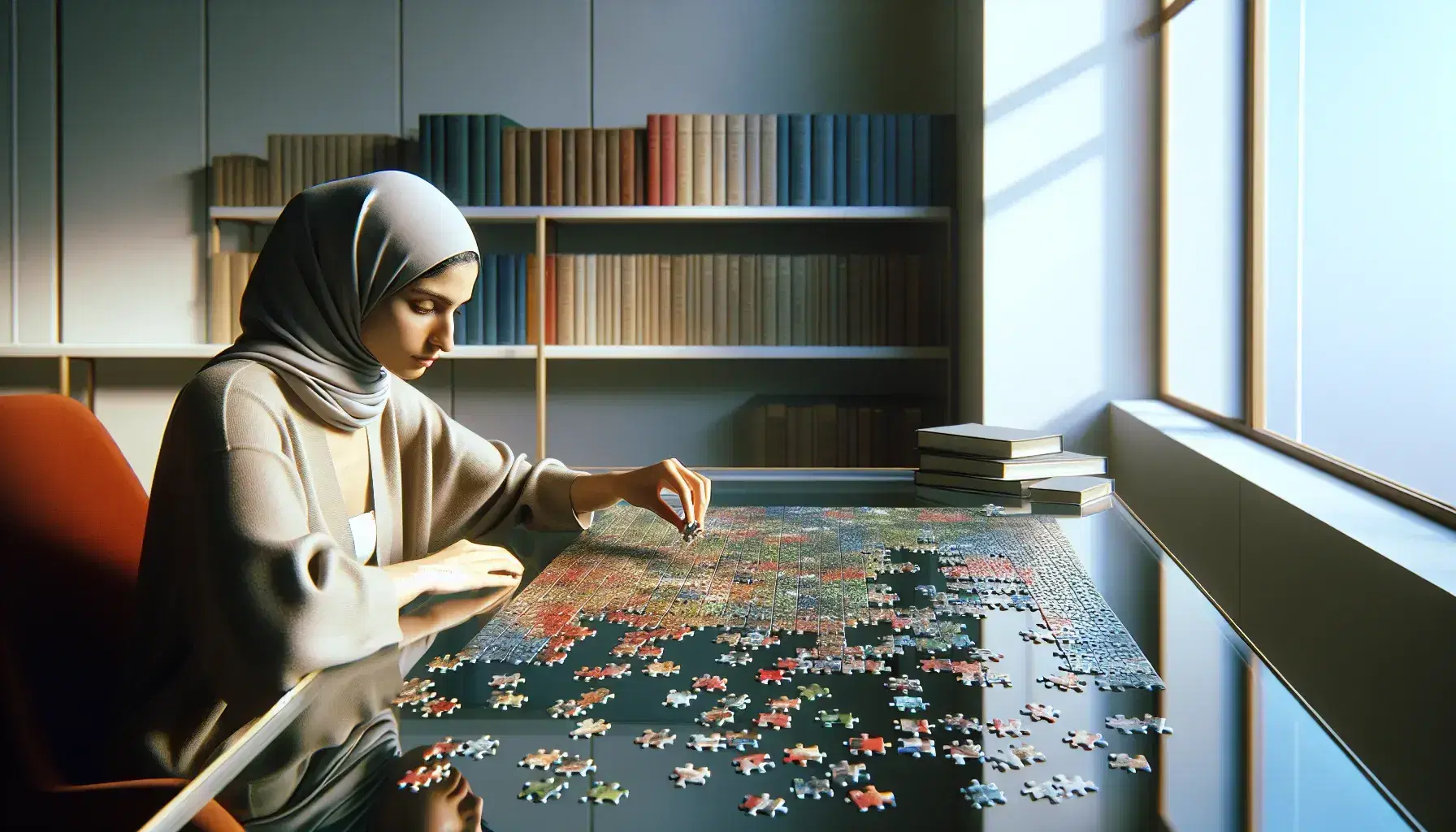 Middle Eastern woman concentrating on assembling a colorful square-shaped puzzle at a glass desk, with a bookshelf and natural light in the background.