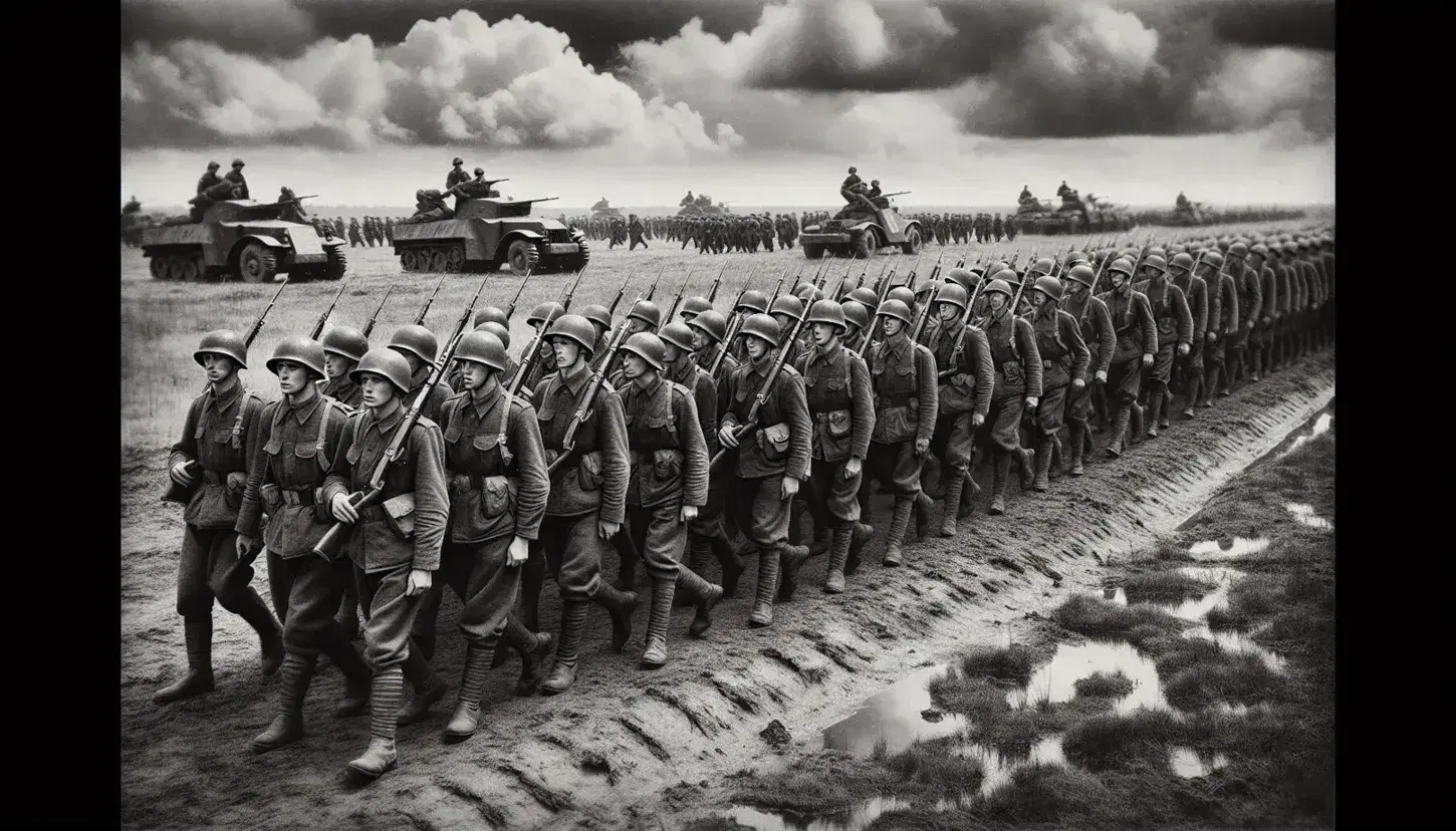 Soldati in uniforme della Seconda Guerra Mondiale marciando in formazione con fucili su spalla e elmetti, su sfondo di veicoli militari e cielo nuvoloso.