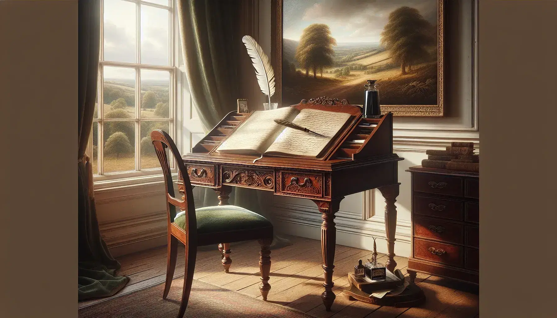 Regency-era writing desk with open journal and quill pen, porcelain tea set on lace tablecloth, and framed countryside painting in a sunlit room.