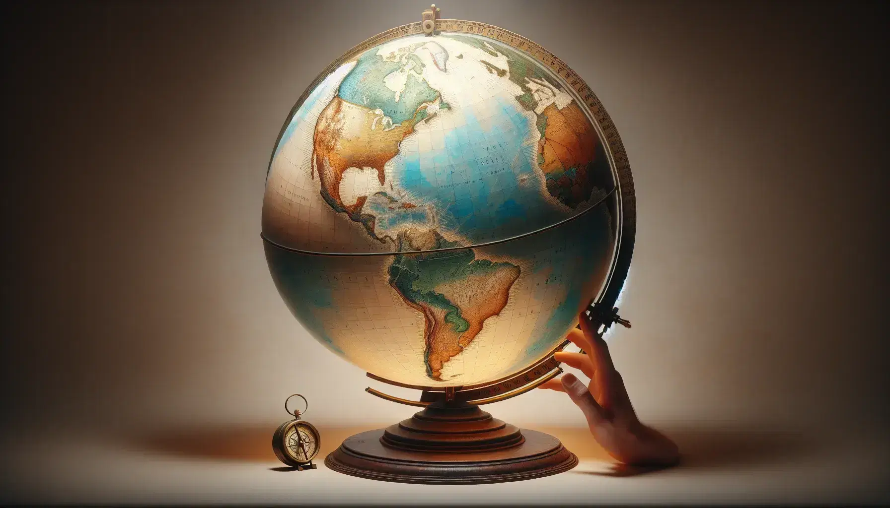 Mappamondo realistico su supporto in legno con mano che lo sfiora e bussola antica in primo piano, simbolo di esplorazione geografica.