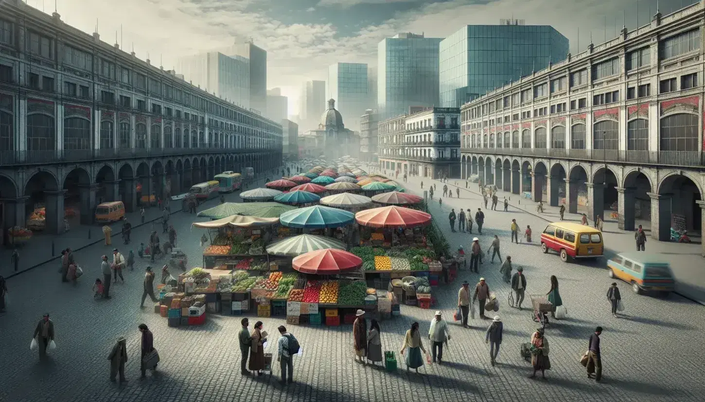 Plaza urbana en ciudad latinoamericana con mercado al aire libre, gente caminando y edificios variados bajo cielo parcialmente nublado.