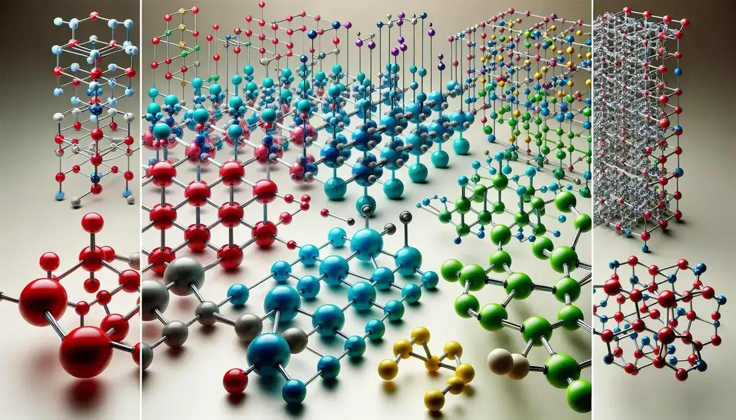 Modelli molecolari con sfere colorate e bastoncini che rappresentano diversi tipi di legami chimici, da covalenti a ionici e metallici.