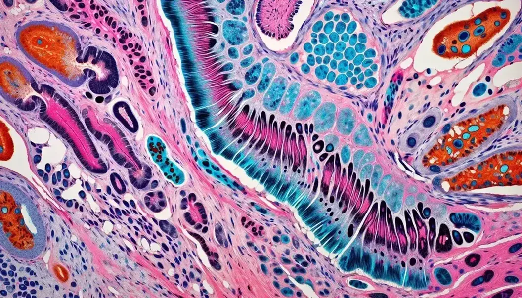 Vista microscópica de tejidos animales teñidos destacando epitelial en rosa y púrpura, conectivo con fibras azules y rosas, muscular rojo con bandas y nervioso en amarillo y naranja.