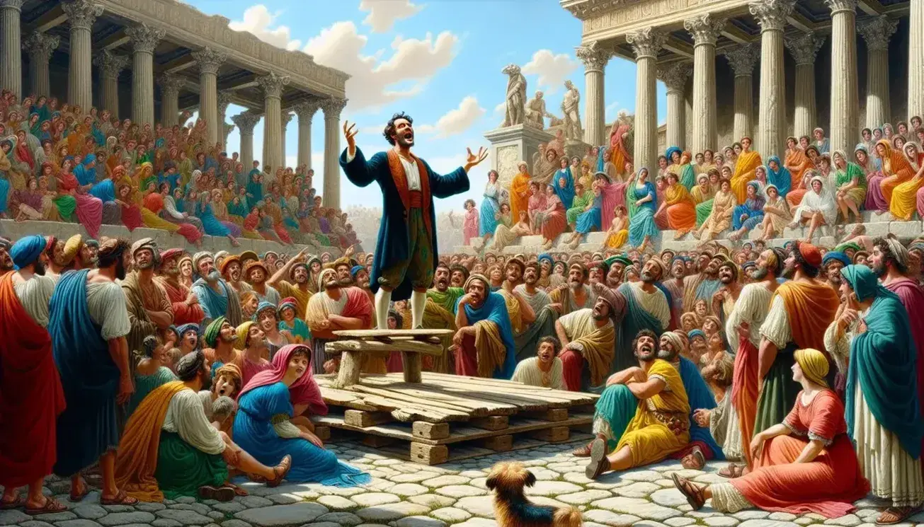 Scena vivace di oratore su palco in piazza classica con ascoltatori attenti, architettura antica, cielo azzurro e cane attento.