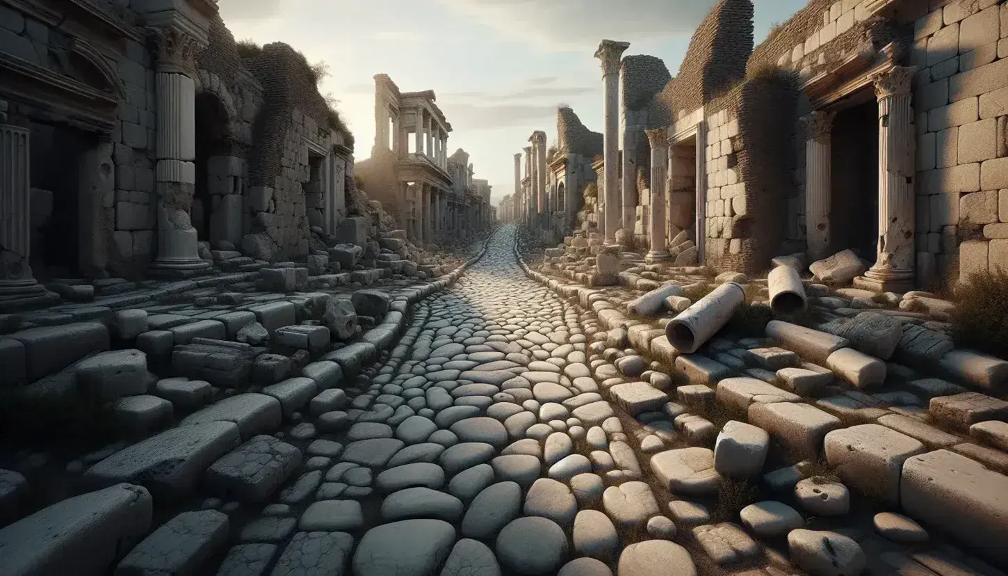 Strada in sampietrini serpeggiante tra rovine antiche con colonne spezzate e mura erose sotto un cielo azzurro, Pompei.