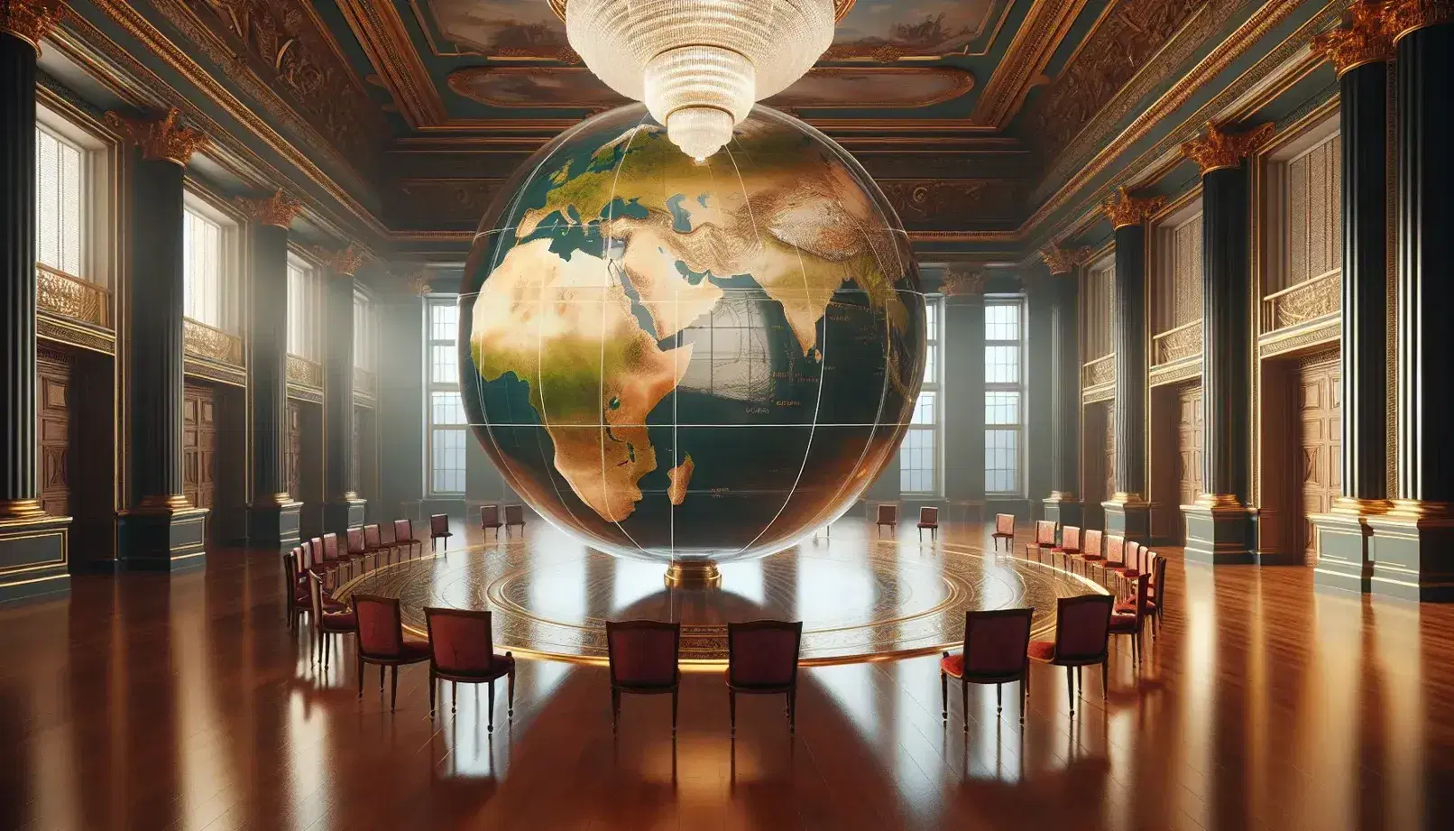 Sala da ballo elegante con pavimento in legno lucido, sedie in velluto rosso e globo sospeso al centro che sembra fluttuare.