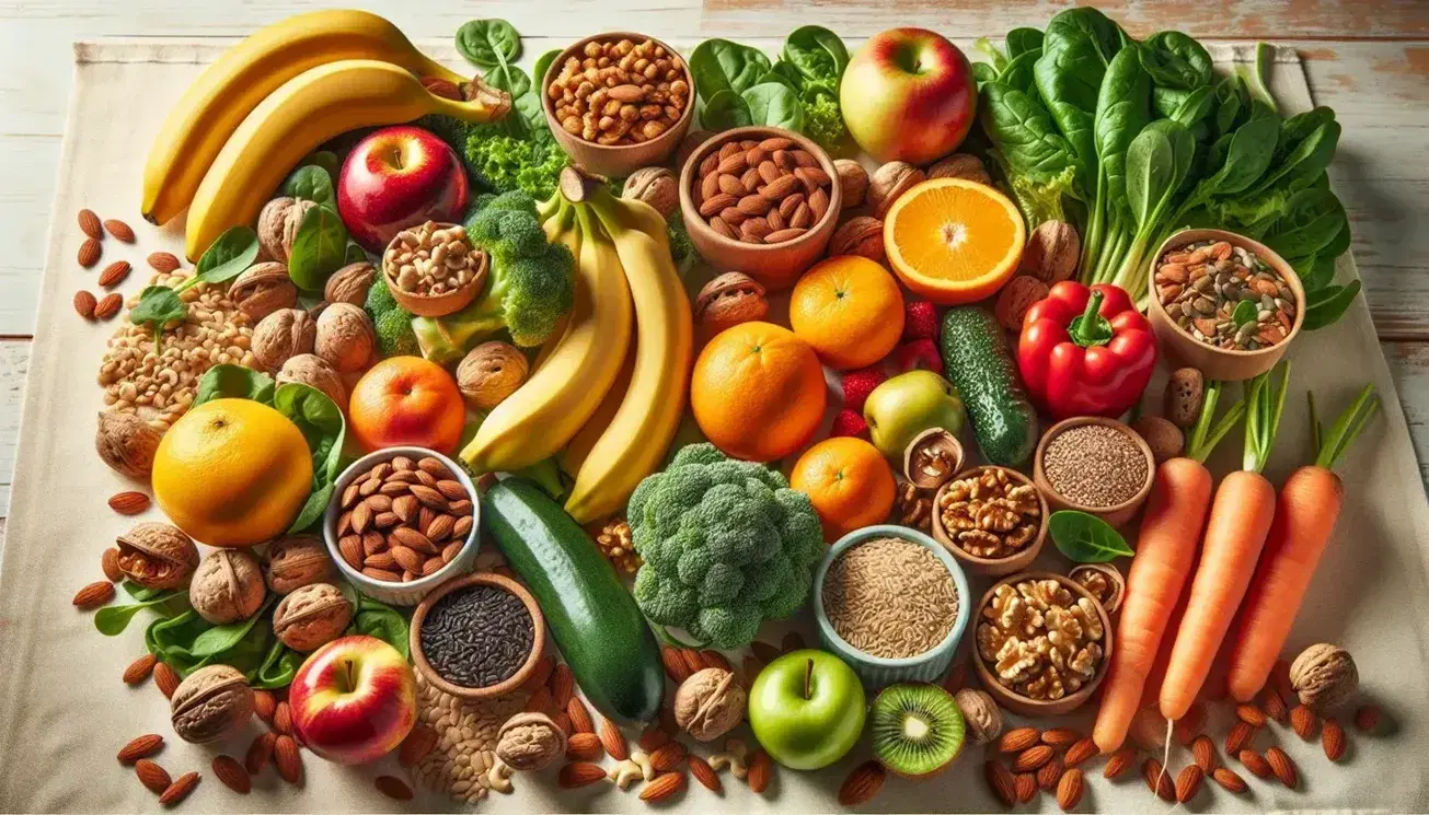 Variedad de alimentos frescos y naturales con frutas como bananas, manzanas y naranjas, vegetales de hoja verde, zanahorias, nueces y granos integrales sobre superficie de madera.