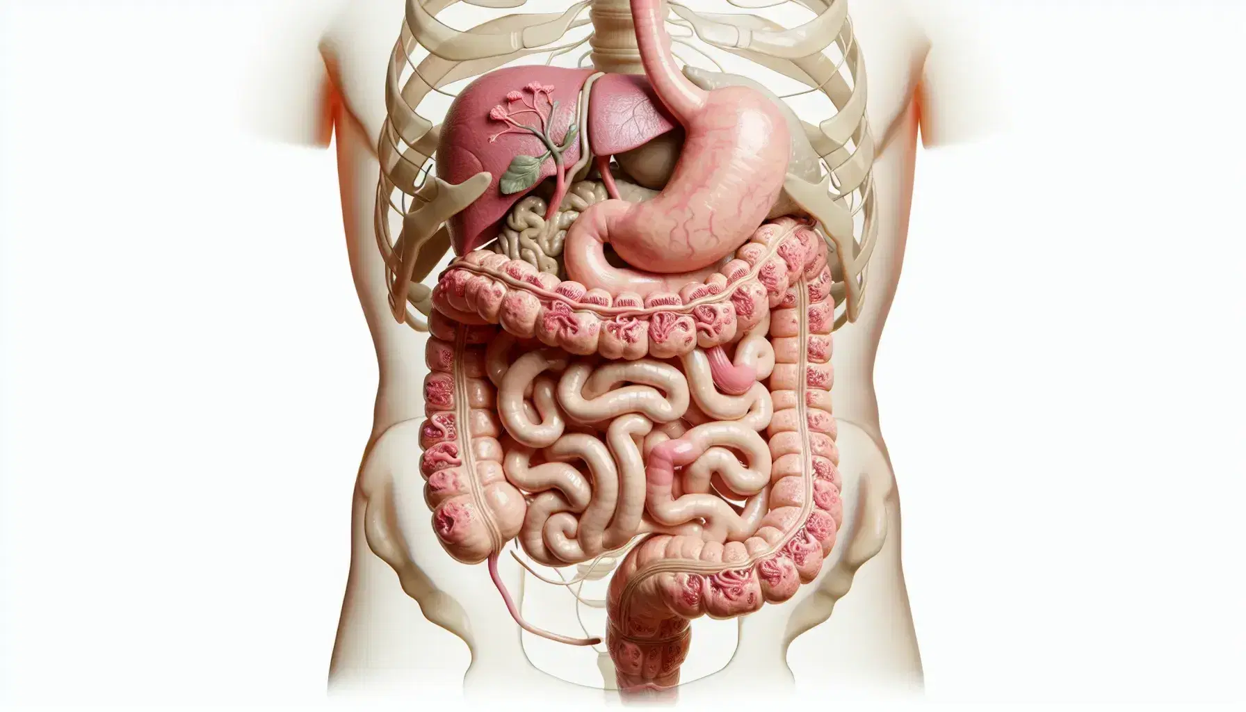 Sistema digestivo umano colorato con bocca, esofago rosa pallido, stomaco rosa scuro e intestini in sfumature di rosa e beige.