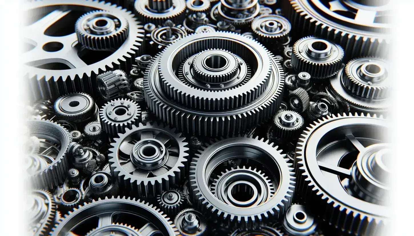 Ingranaggi meccanici metallici interconnessi di diverse dimensioni, con riflessi luminosi e dettagli tridimensionali evidenti.