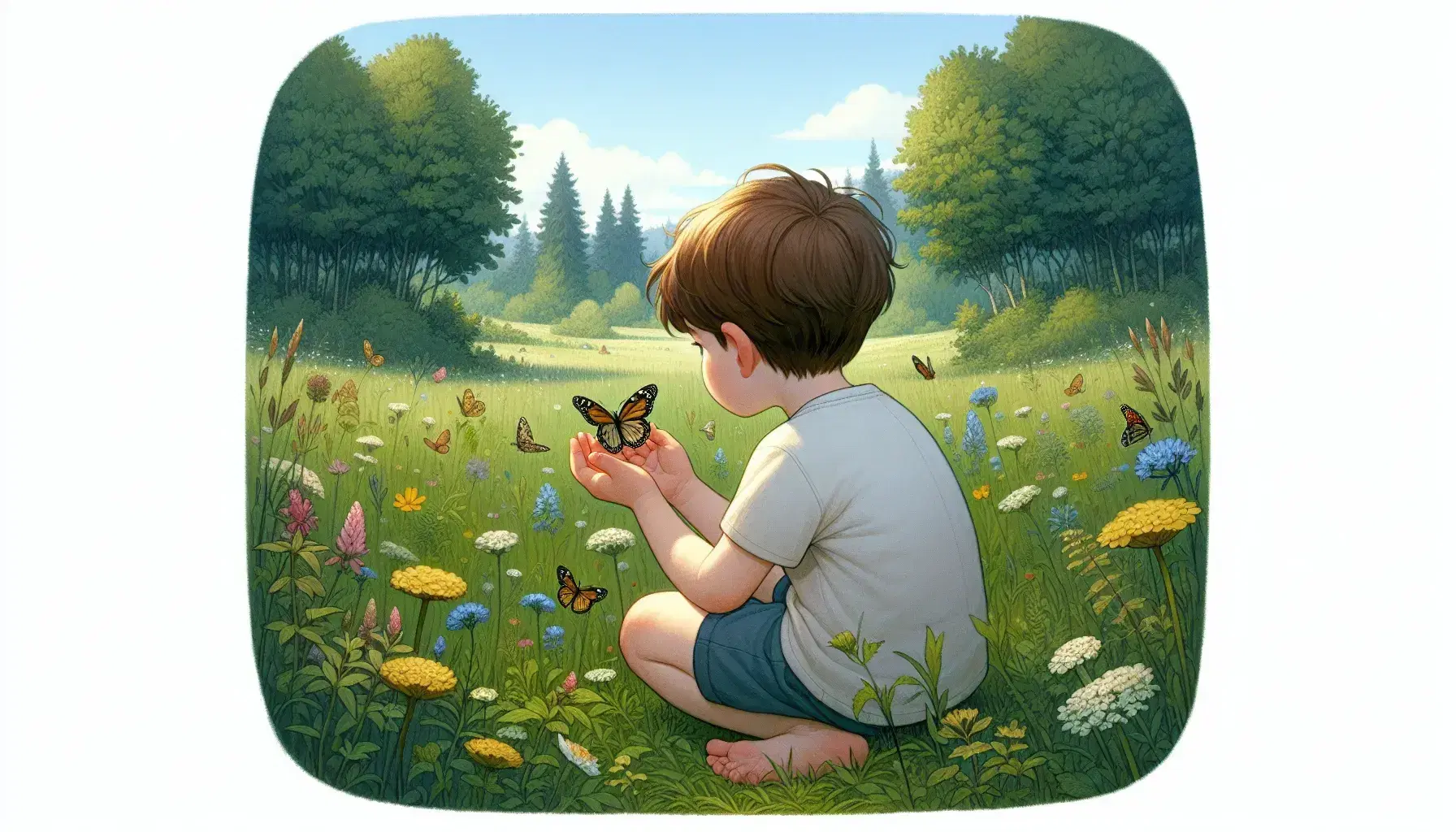 Bambino seduto su prato verde osserva farfalla colorata tra le mani, circondato da fiori selvatici e alberi sotto cielo azzurro.