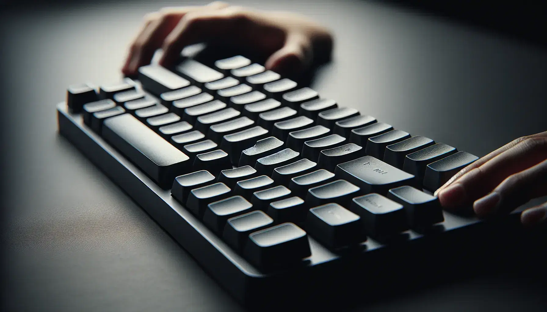 Modern QWERTY computer keyboard in close-up, matte black finish, curved keys without symbols, hands ready to type on blurred background.