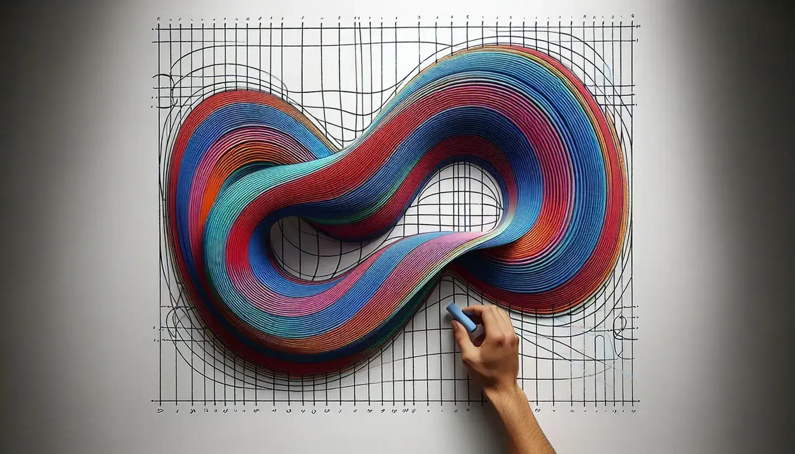 Colorful chalk curves drawn on a whiteboard with a hand holding blue chalk, illustrating smooth, intertwining parametric patterns without text.