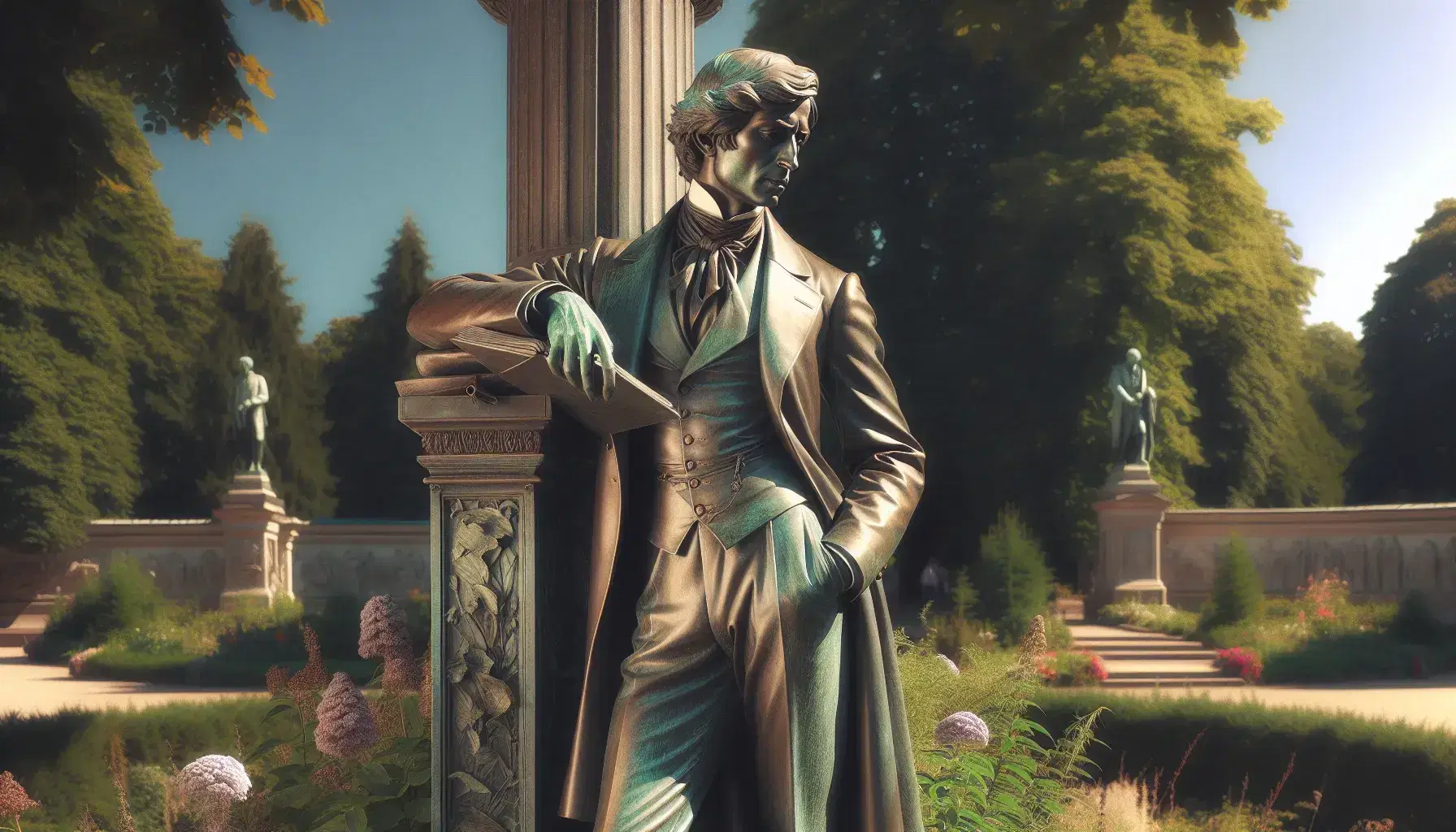 Estatua de bronce de hombre elegante con traje de época y sombrero, apoyado en columna clásica en jardín público con vegetación y cielo despejado.