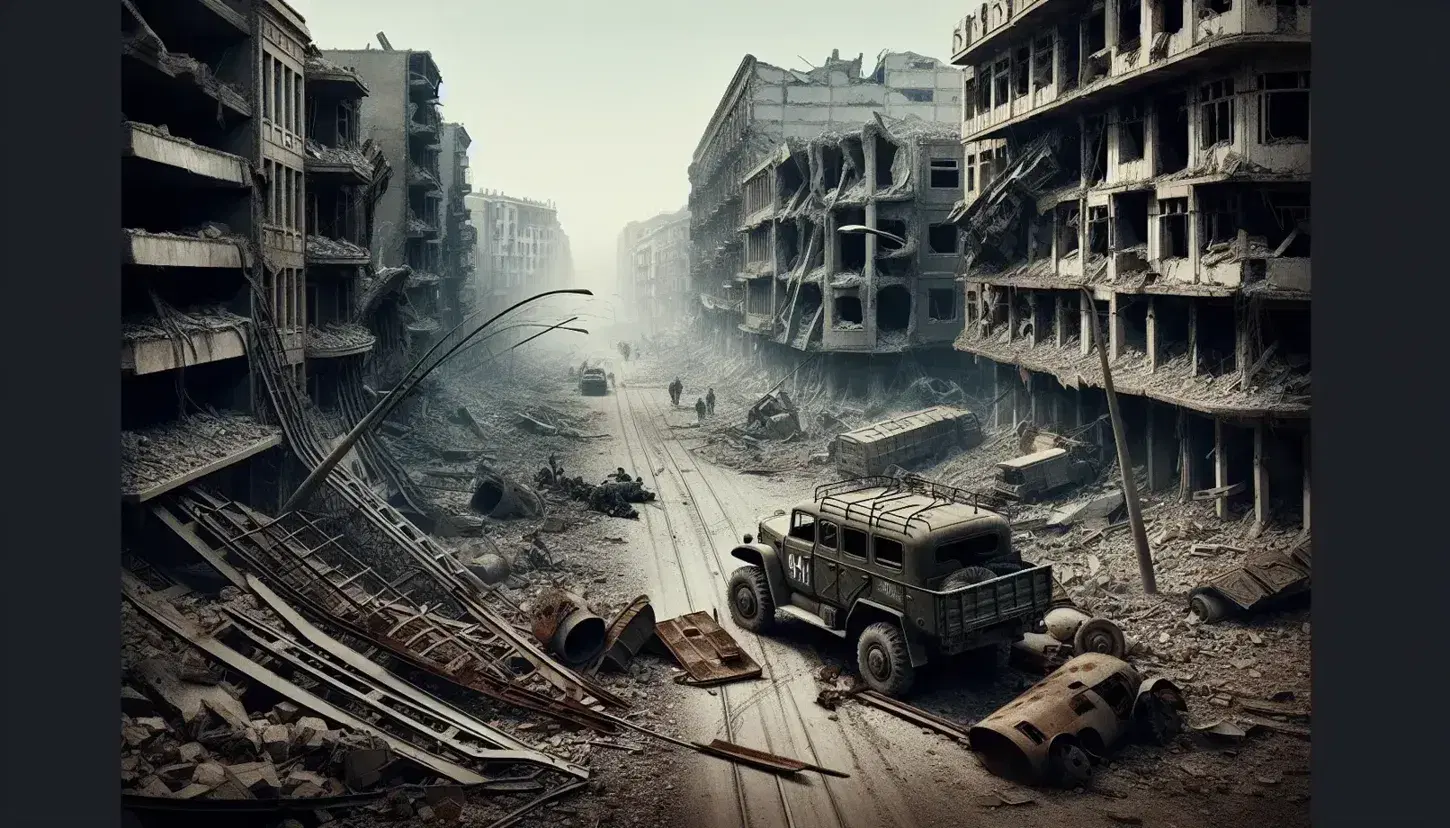 Paesaggio urbano devastato post-conflitto con edifici distrutti, detriti, veicolo militare danneggiato e strada deserta.