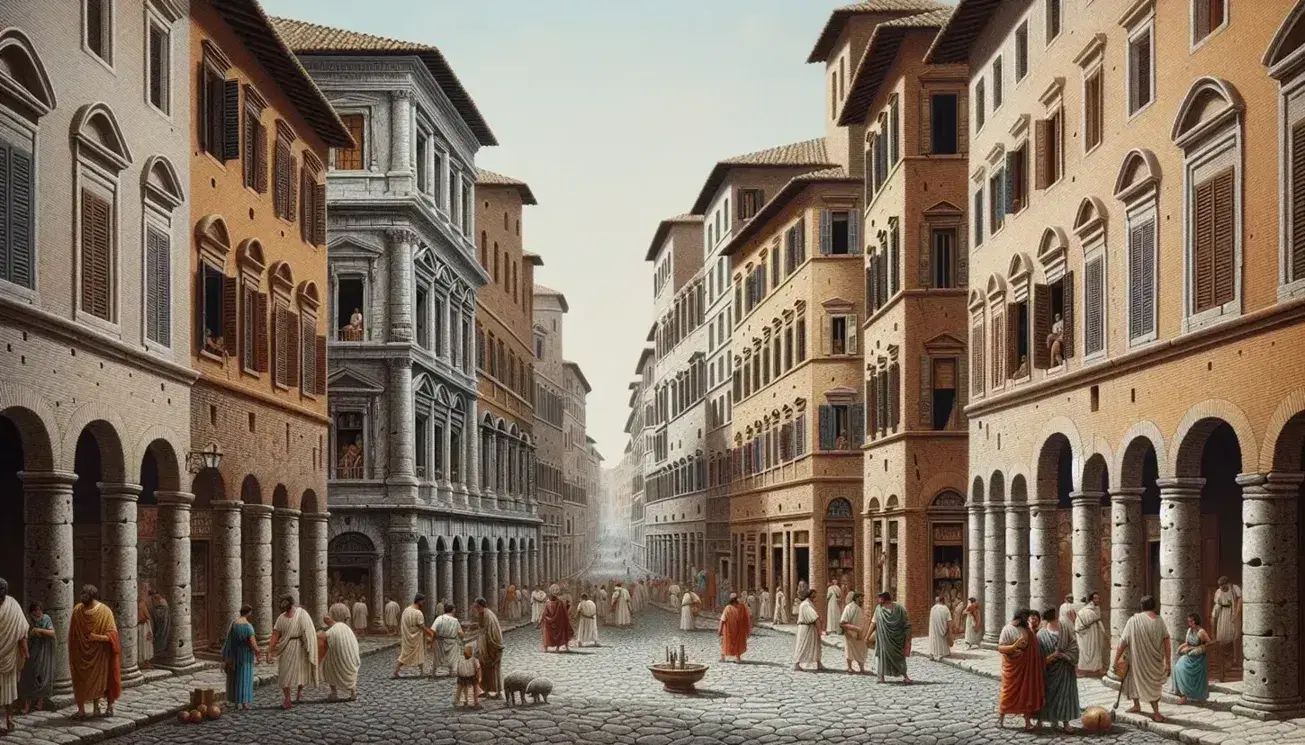 Strada acciottolata nell'antica Roma con insulae in mattoni rossi, fontana pubblica, cittadini in tunica e vita quotidiana sotto cielo azzurro.