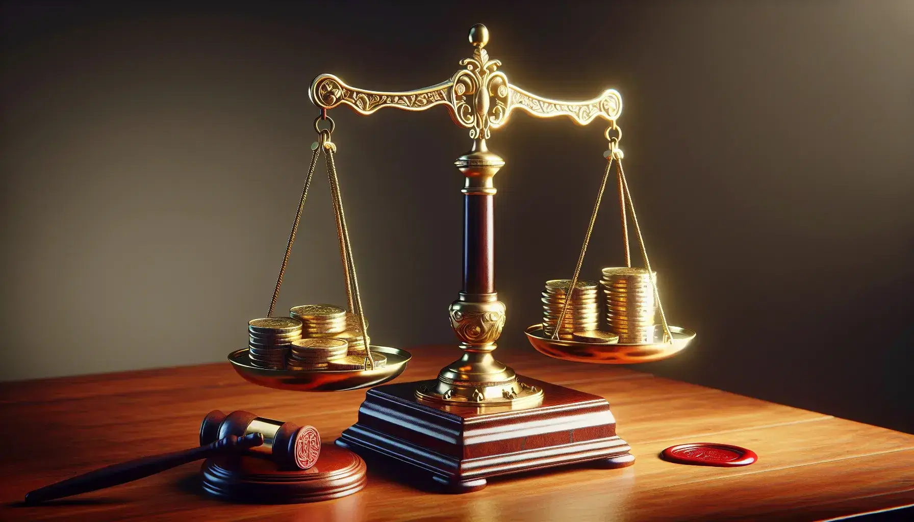Balanza de dos platos dorada en equilibrio sobre escritorio de madera, con monedas de oro a un lado y sello de cera rojo al otro.