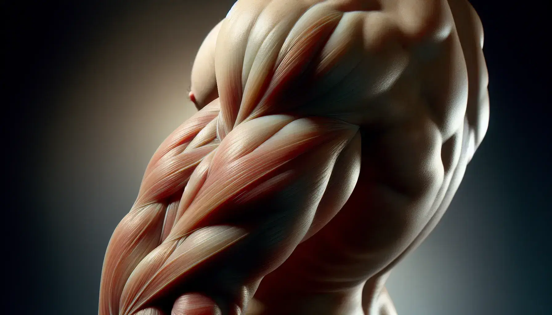 Bicipite umano in contrazione durante attività fisica, pelle tesa e muscolo definito evidenziato da luce e ombre.