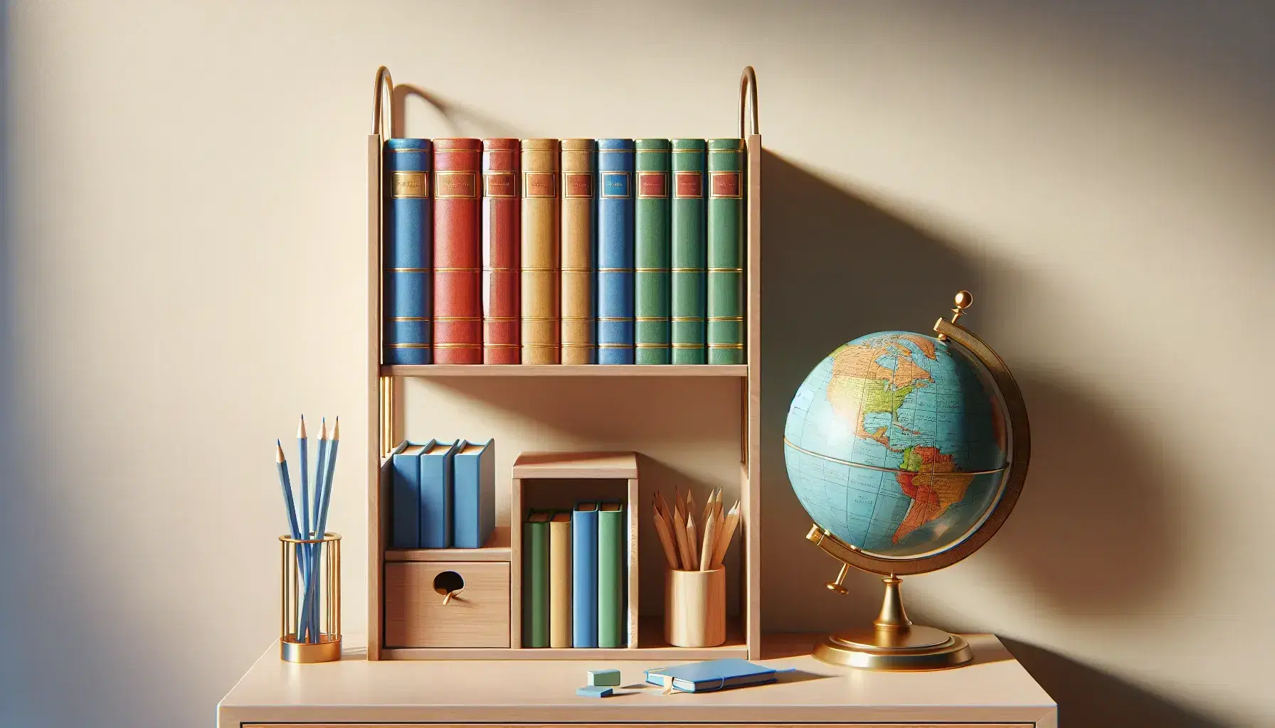Estante de madera con libros de tapa dura en colores variados, globo terráqueo y material de papelería como cuadernos, lápiz y borrador, en un ambiente iluminado naturalmente.
