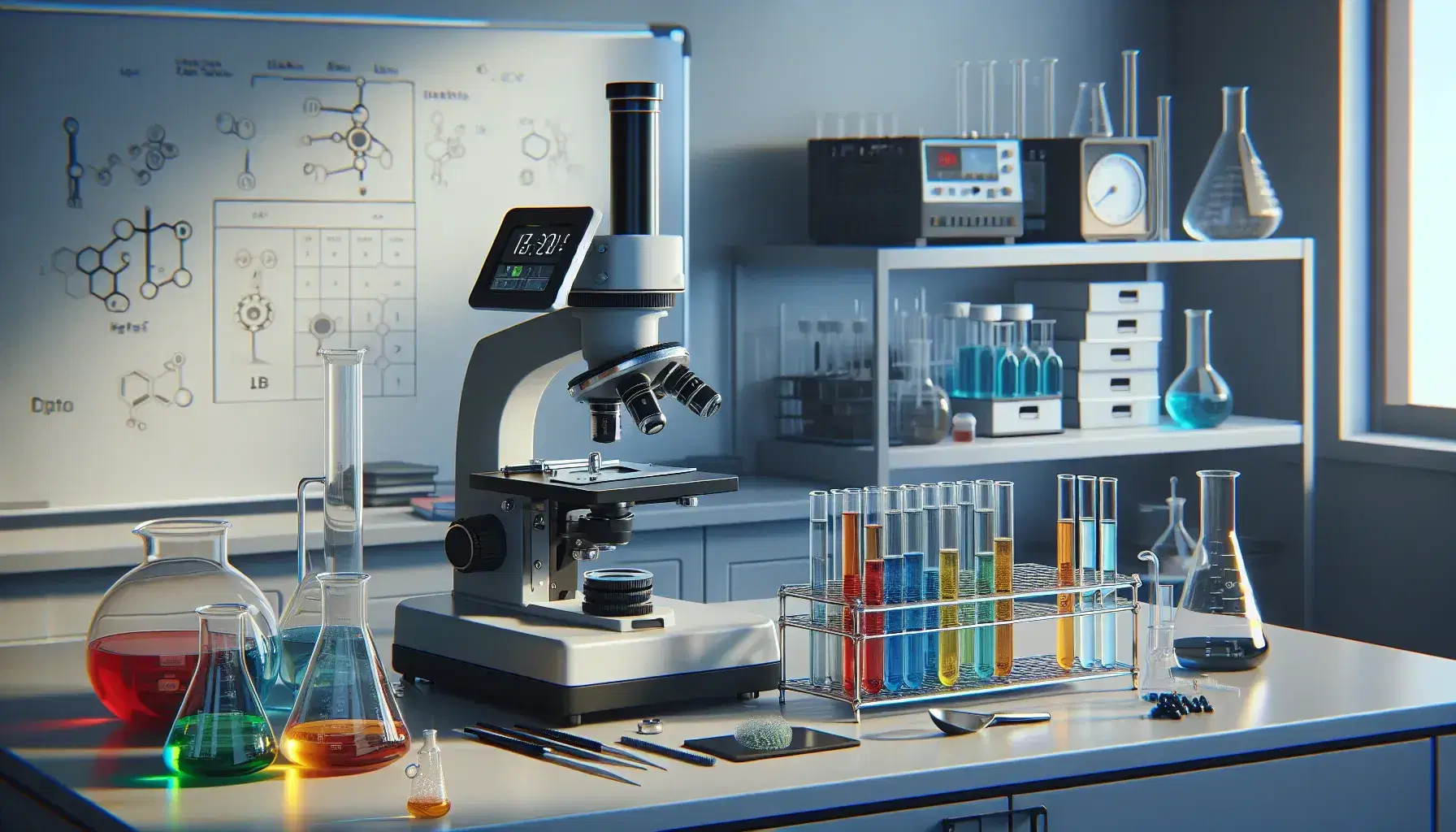 Laboratorio científico con microscopio, balanza analítica, tubos de ensayo de colores y material de laboratorio en estantería.