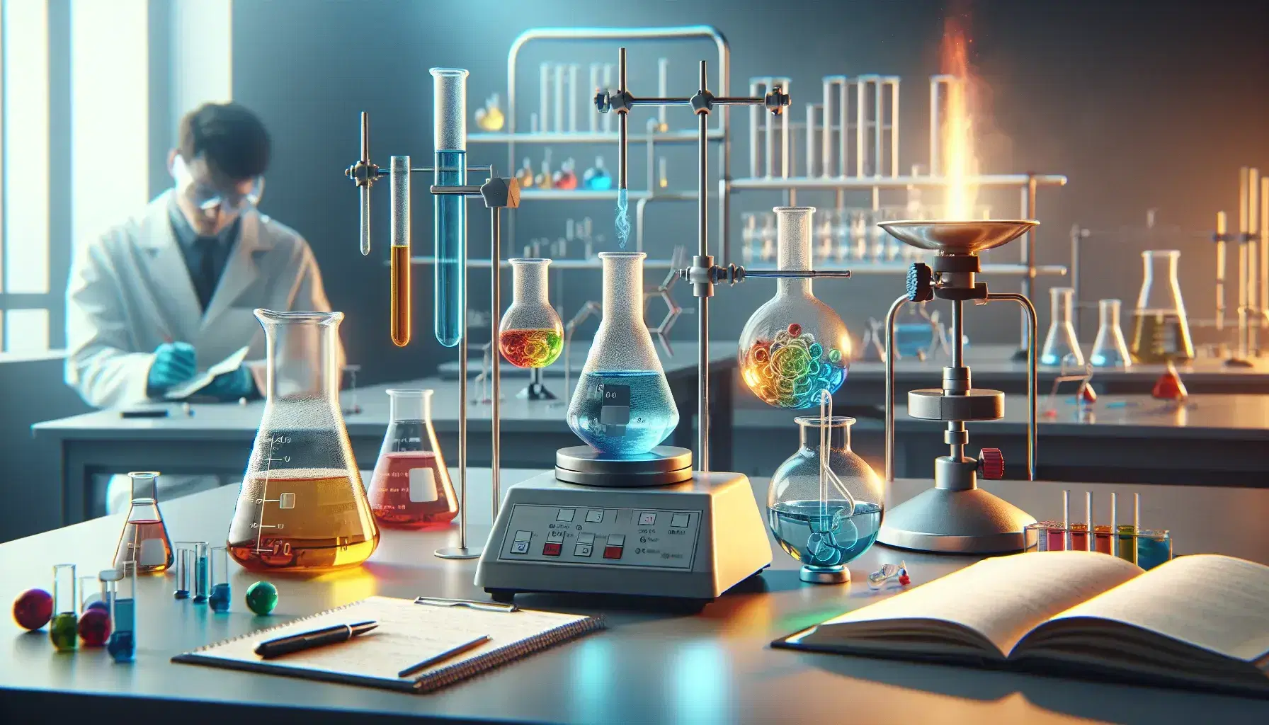 Laboratorio de química activo con matraces Erlenmeyer de líquidos coloridos, tubo de ensayo sobre quemador Bunsen y científico anotando resultados.