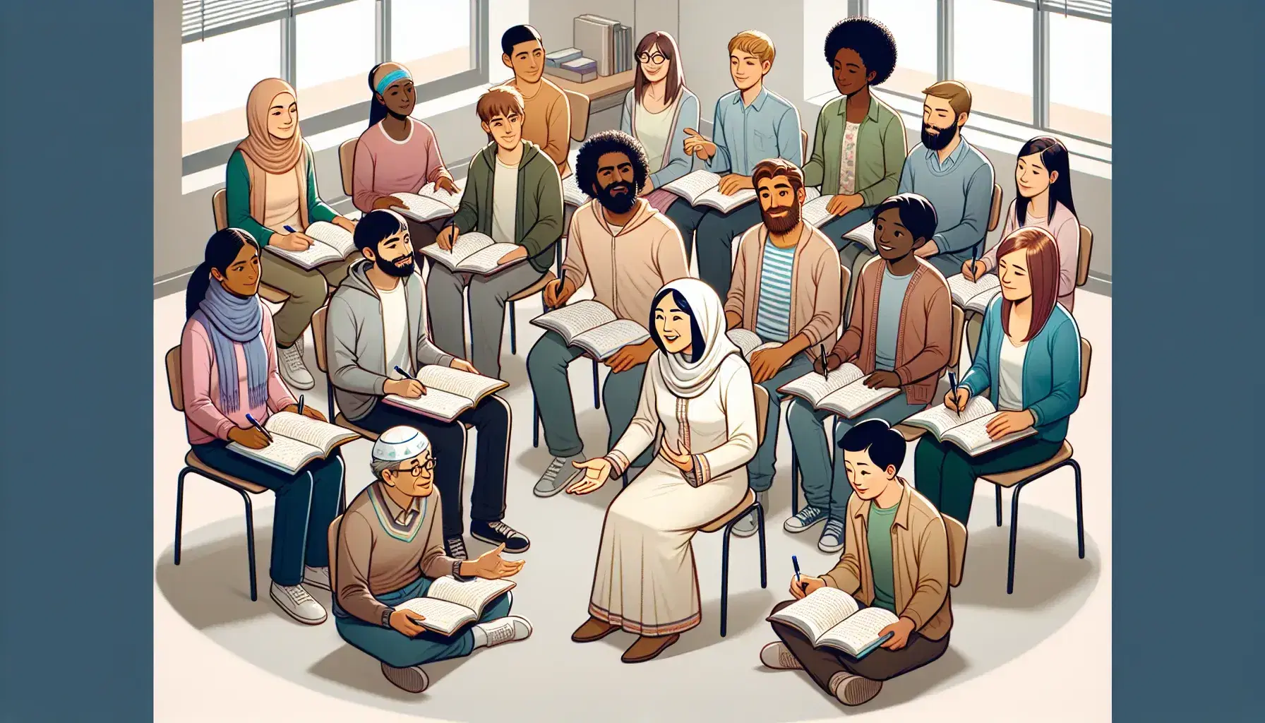 Diverse language class with students of various ethnicities focused on learning, South Asian teacher gesturing, in a bright, simple classroom.