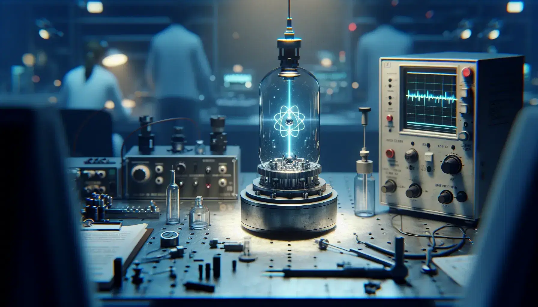 Quantum mechanics experiment in a lab with a single atom trapped in a vacuum chamber illuminated by a laser, surrounded by scientific equipment and researchers.
