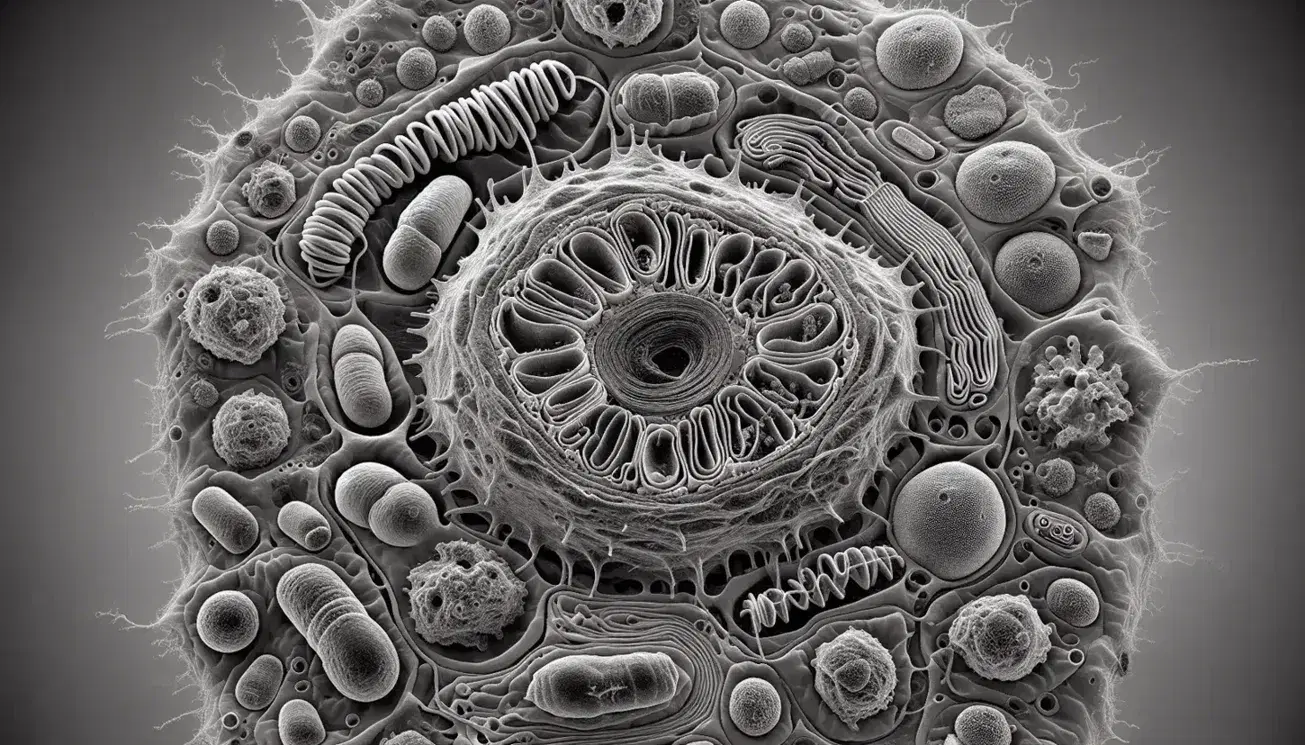 Micrografía electrónica colorizada de célula eucariota con núcleo ovalado, citoplasma con mitocondrias, retículo endoplasmático y vesículas, rodeada por membrana plasmática ondulada.