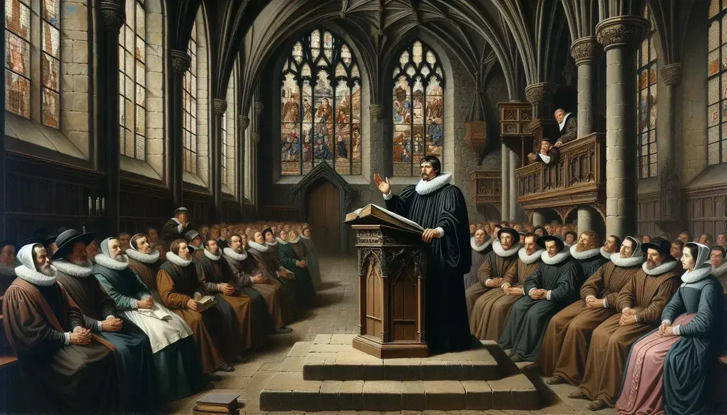 16th-century Gothic church interior with a clergyman preaching from a pulpit to an attentive congregation, colorful light streaming through stained glass.