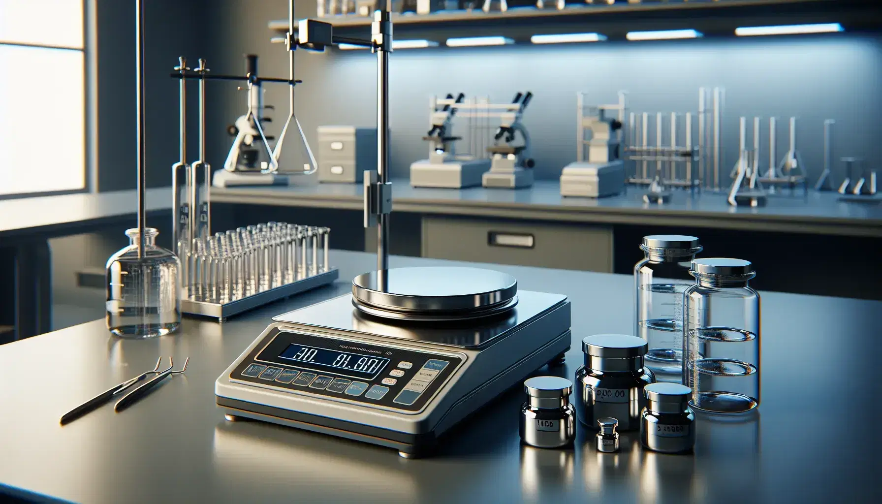 Laboratorio scientifico moderno con bilancia analitica di precisione, pesi calibrati e contenitori di vetro su scaffali, in ambiente professionale.