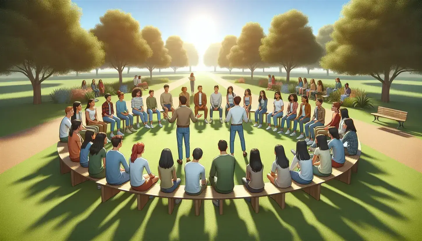 Grupo diverso de estudiantes atentos participando en clase al aire libre con educador, en un día soleado con árboles y cielo azul de fondo.