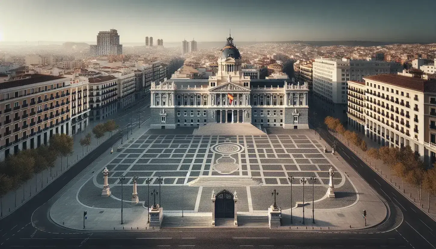 Vista panorámica del Palacio de la Asamblea de Madrid con plaza adoquinada en primer plano y cielo despejado, rodeado de edificios y vegetación.