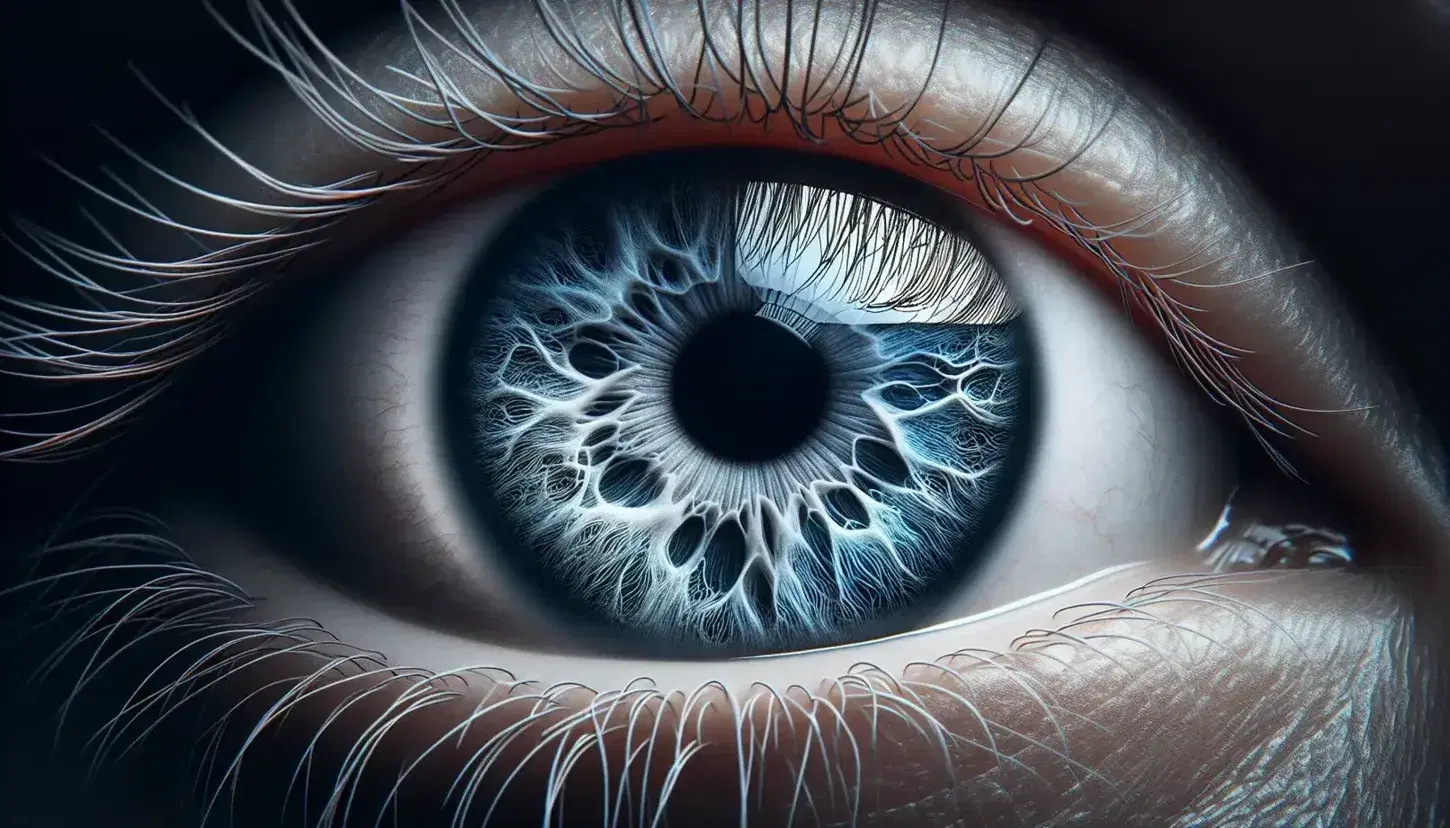 Close-up of a human eye with a vibrant blue iris, dilated pupil and long eyelashes, on a blurred background with no legible symbols.