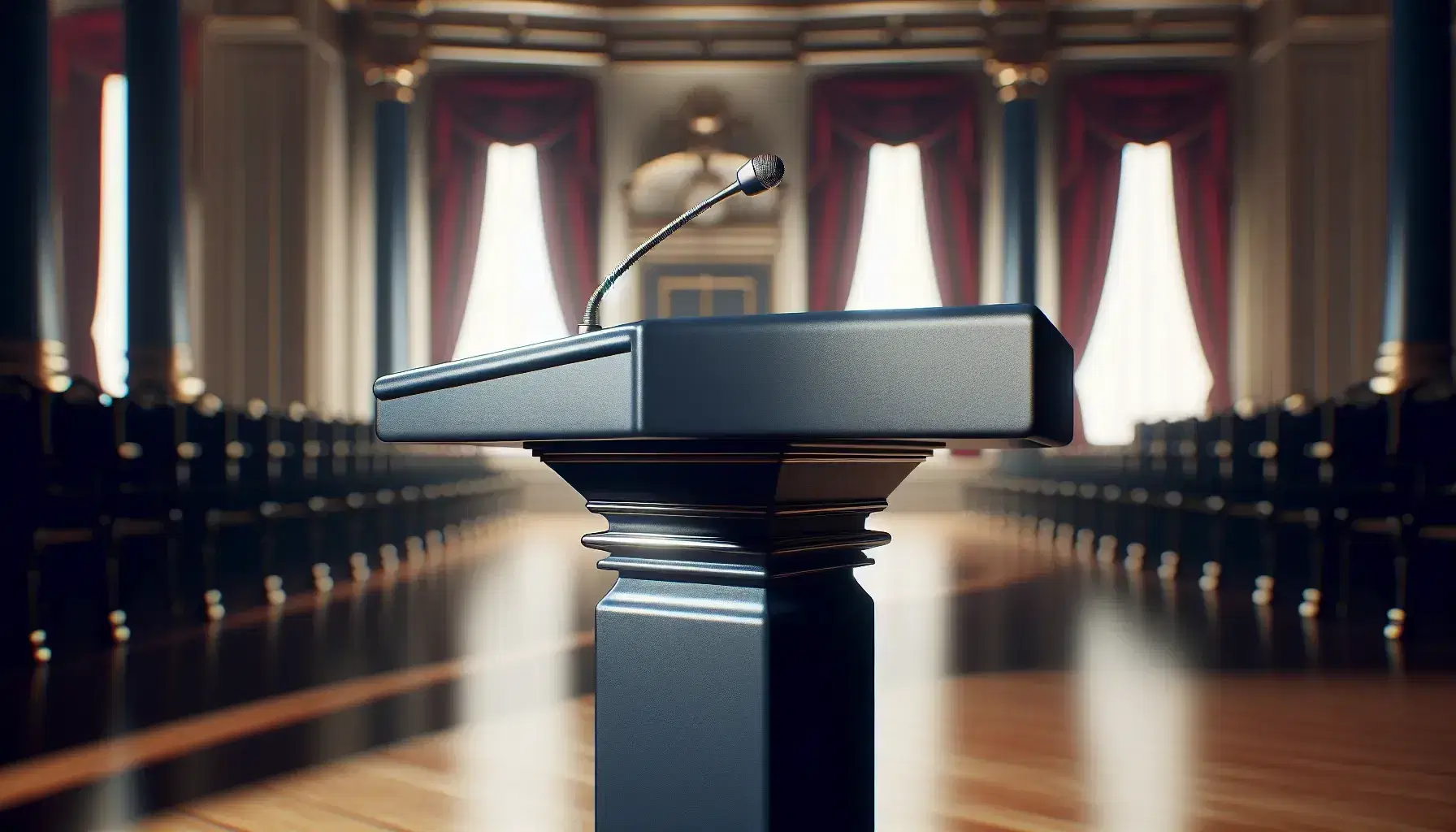Elegant dark blue podium with a microphone on a polished wooden floor, set against a blurred background with a red curtain and cream walls.