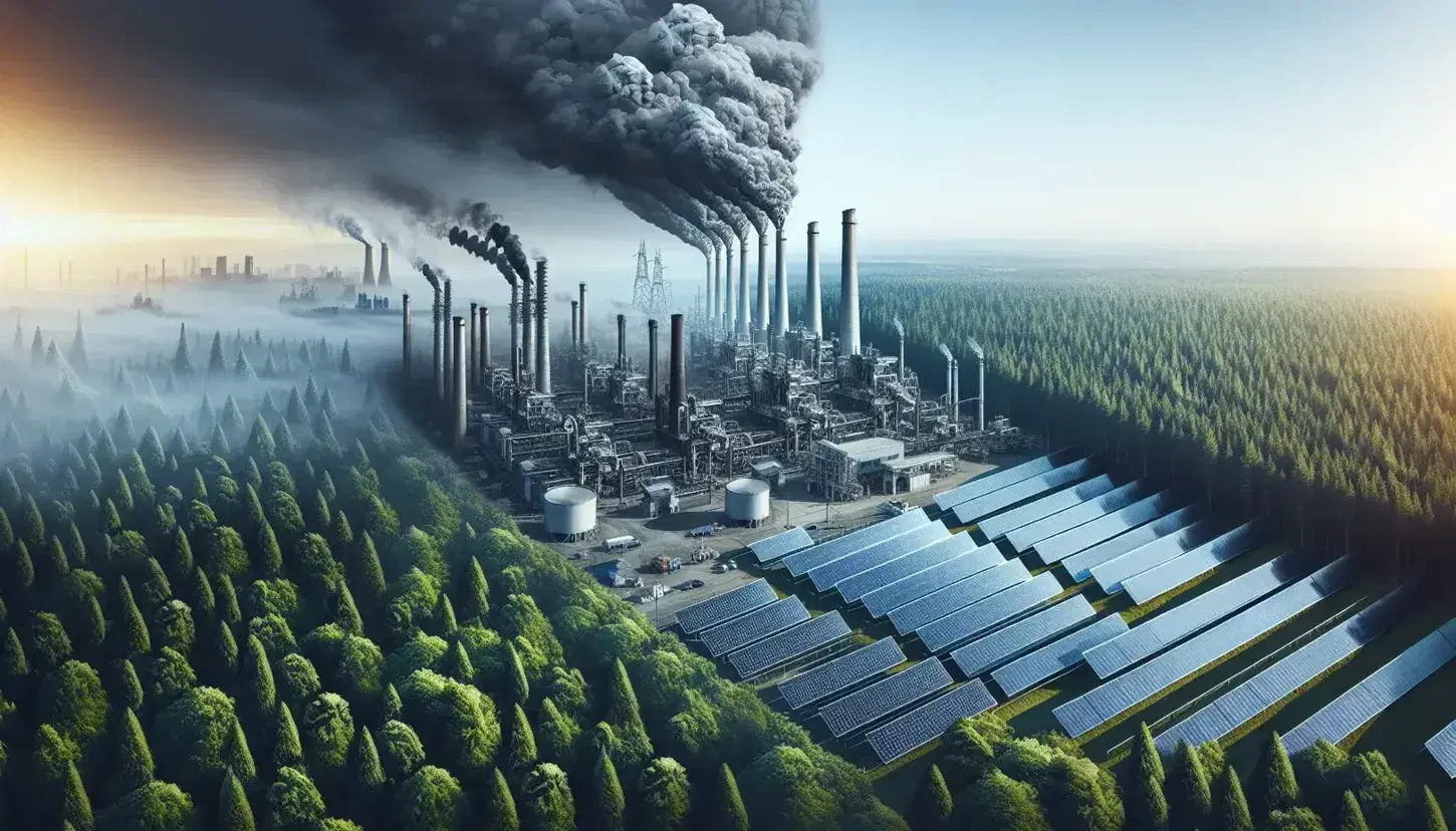 Contrasto tra inquinamento industriale con fumo da ciminiere e paesaggio verde con pannelli solari integrati.