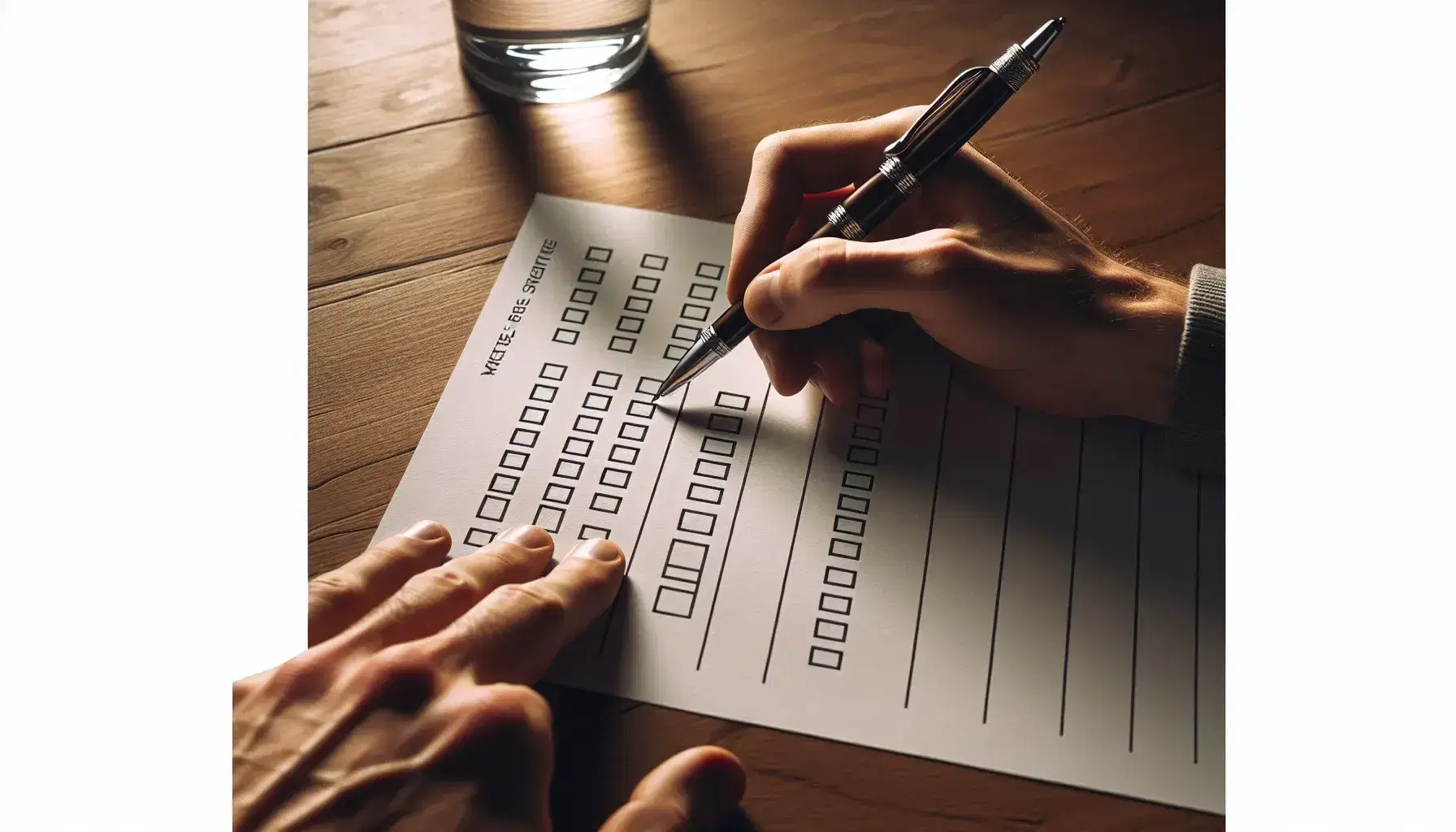 Close-up of hands holding a classic pen poised to check boxes on a survey, with a glass of water on a wooden desk.