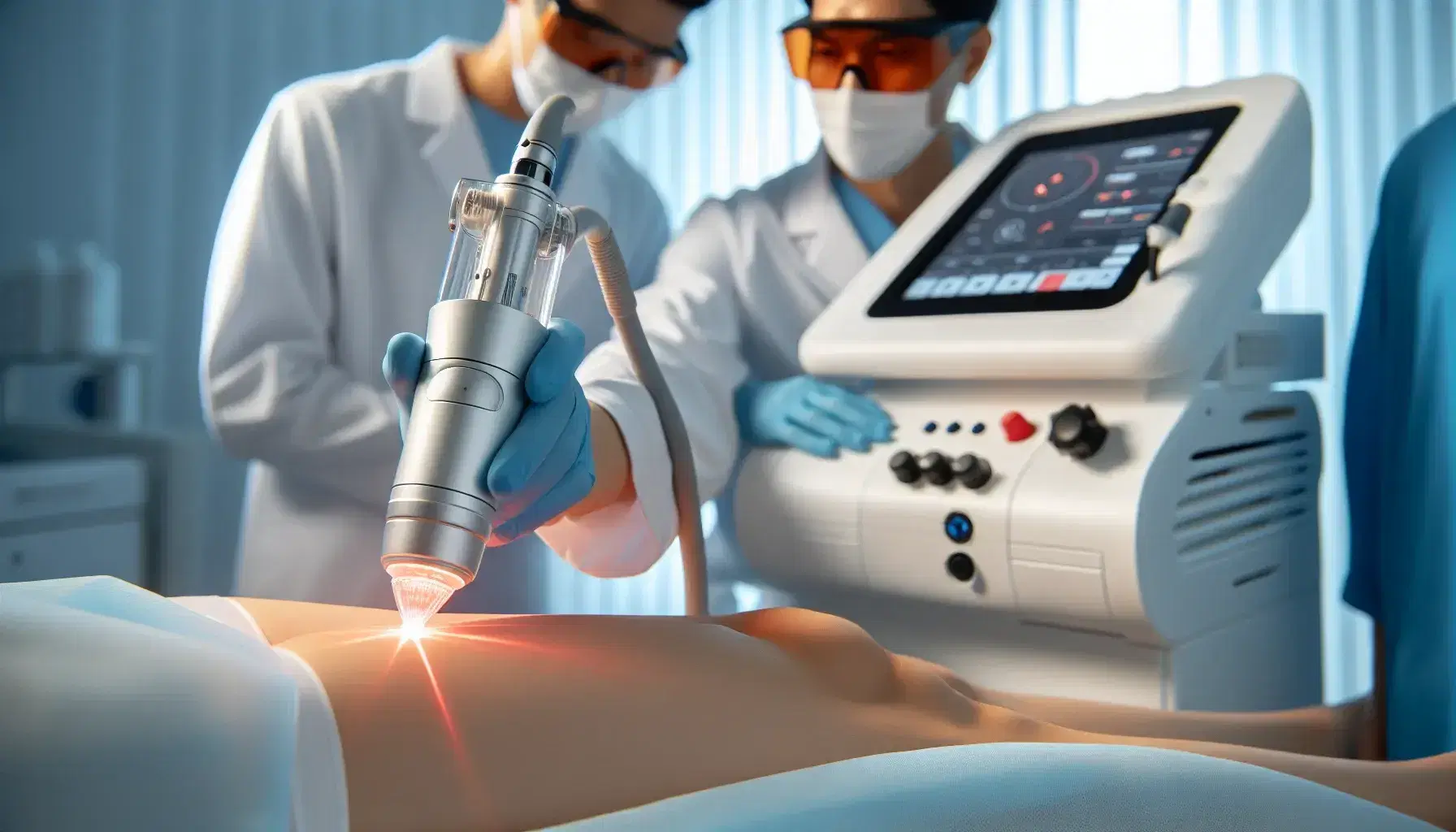 Mano con guante azul claro aplicando tratamiento con láser médico rojo sobre piel, con profesional de la salud ajustando equipo en clínica.